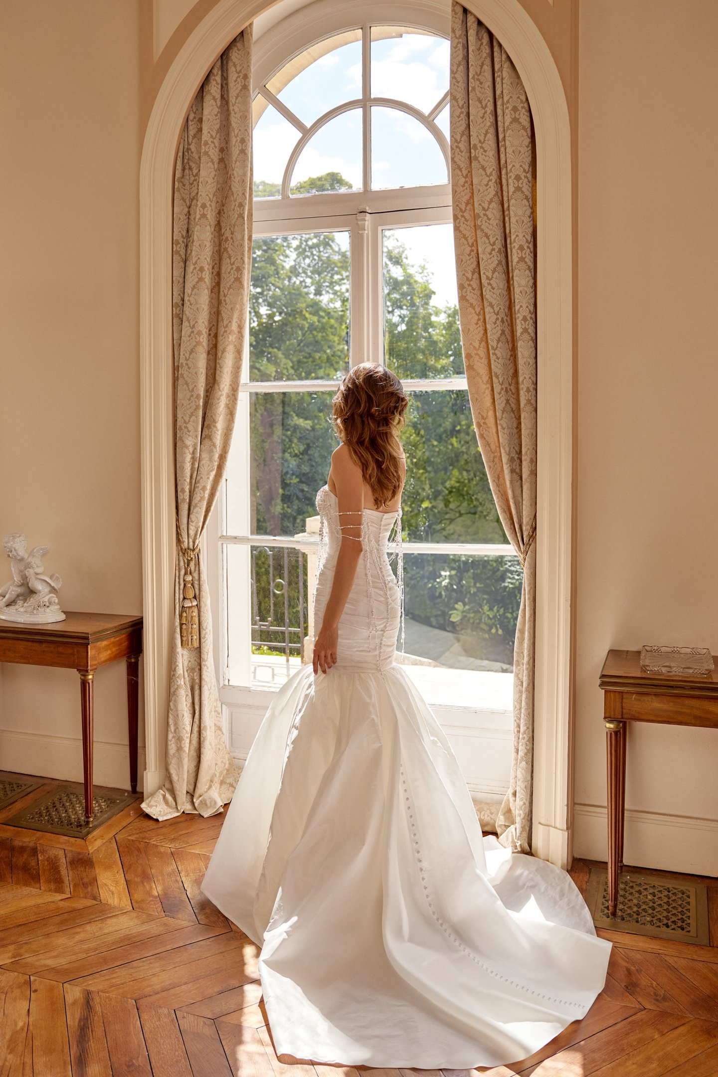 Justin Alexander Style 88507 MACIE Ruched Taffeta Mermaid Gown with Strapless Straight Neckline
