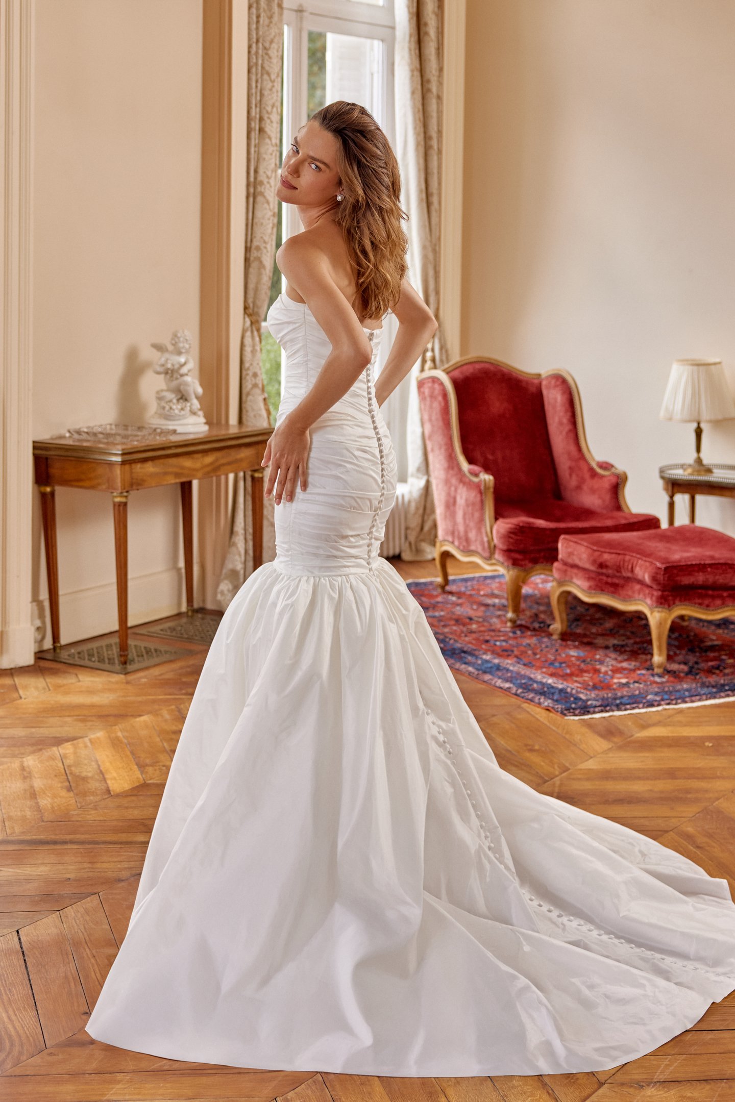 Justin Alexander Style 88507 MACIE Ruched Taffeta Mermaid Gown with Strapless Straight Neckline