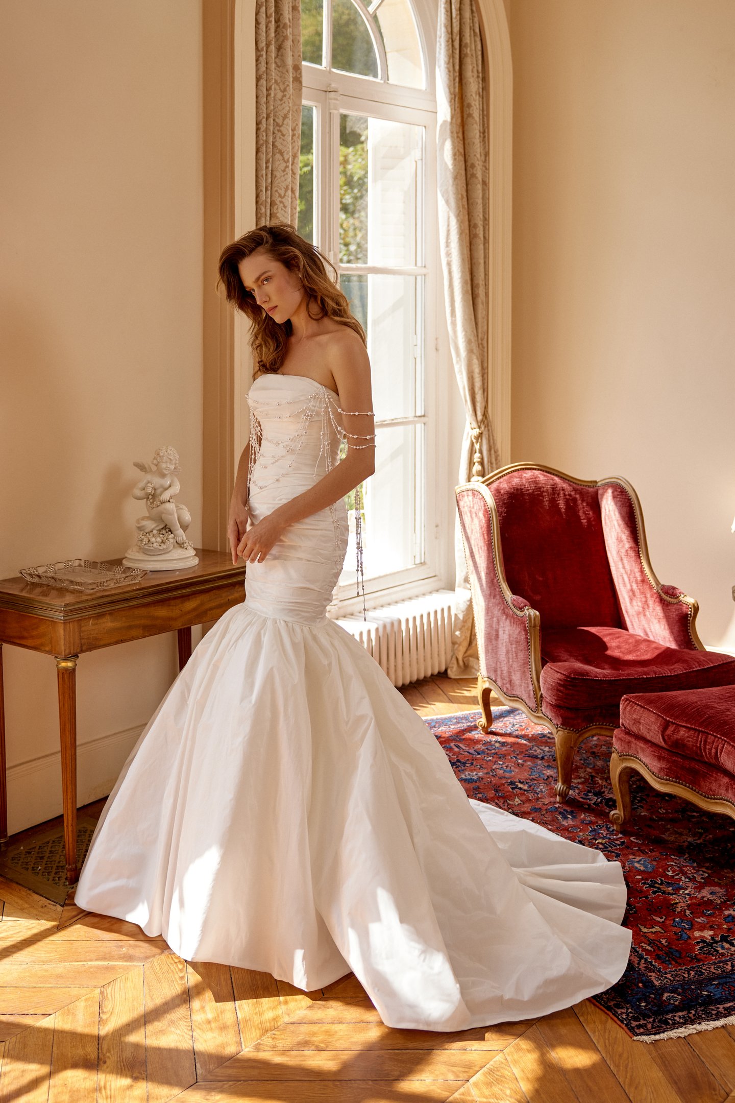 Justin Alexander Style 88507 MACIE Ruched Taffeta Mermaid Gown with Strapless Straight Neckline