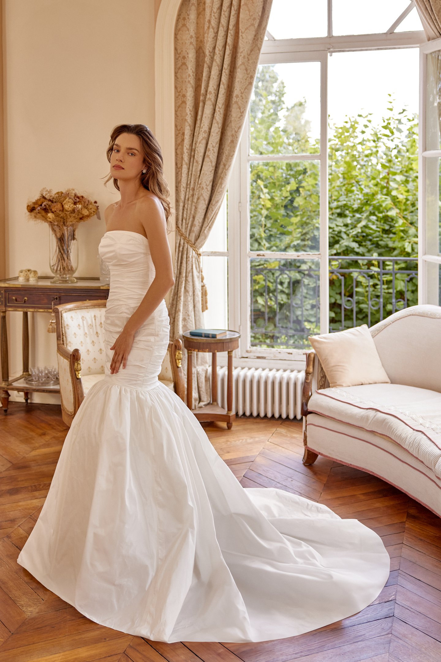 Justin Alexander Style 88507 MACIE Ruched Taffeta Mermaid Gown with Strapless Straight Neckline