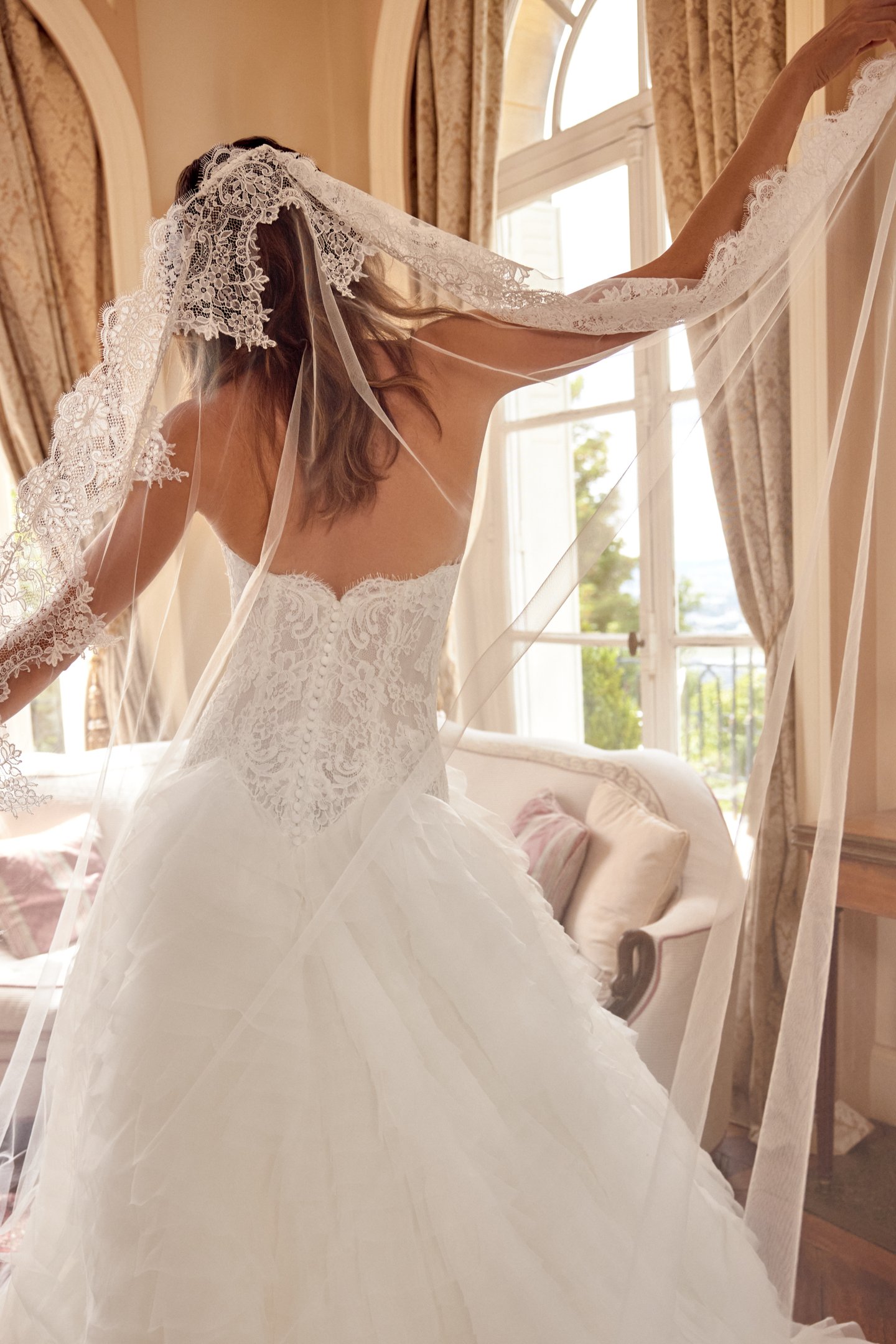 Justin Alexander Style 88508 MAGDALENA Strapless Ball Gown with Corded Alençon Lace Bodice and Ruffled Skirt
