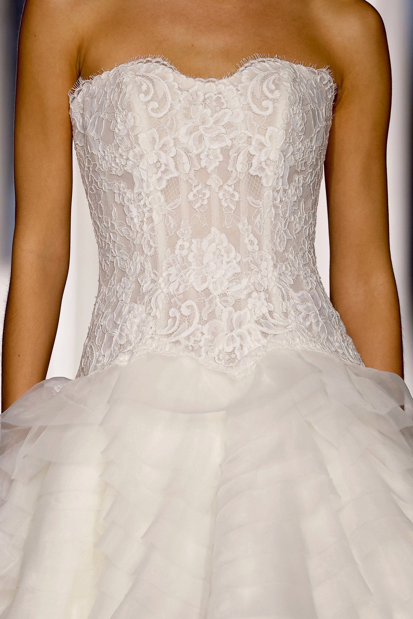 Justin Alexander Style 88508TEA MAGDALENA TEA LENGTH Tea Length Strapless Ball Gown with Corded Alençon Lace Bodice and Ruffled Skirt