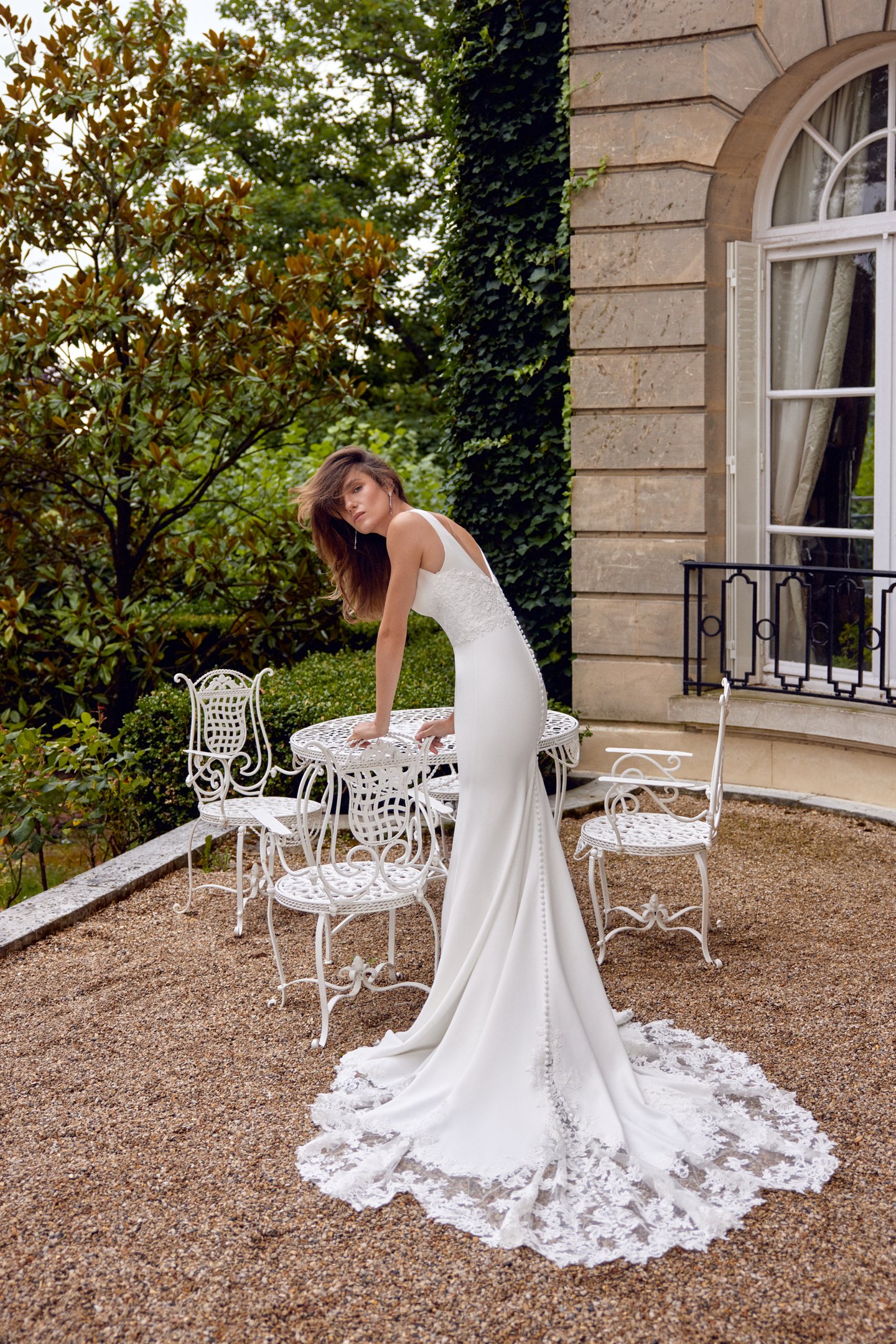 Justin Alexander Style 88509 MAVERICK Crepe Fit & Flare with Alençon Lace Cummerbund and Cut Out Train