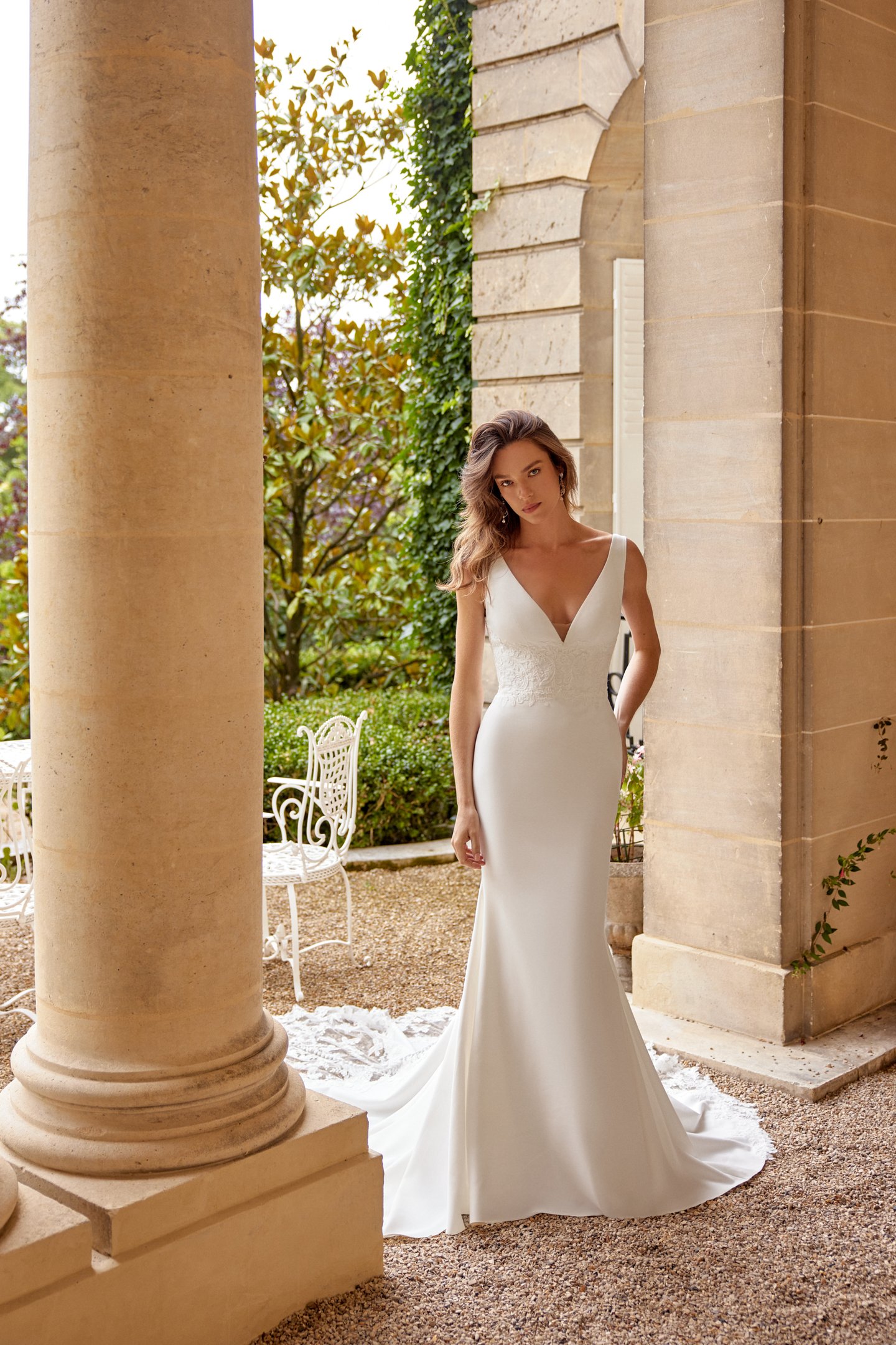 Justin Alexander Style 88509 MAVERICK Crepe Fit & Flare with Alençon Lace Cummerbund and Cut Out Train