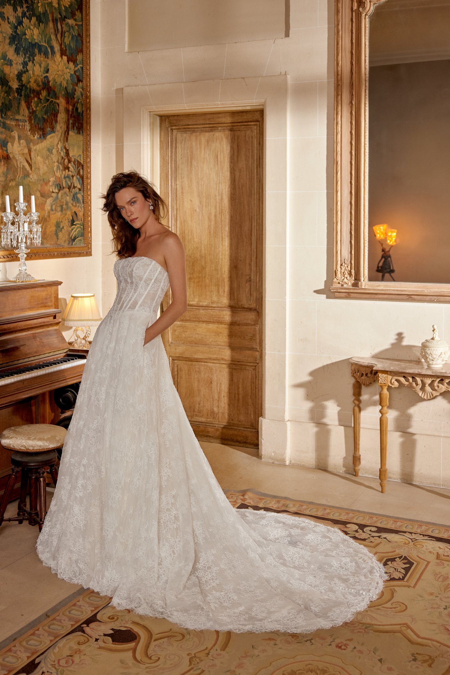 Justin Alexander Style 88514 MANUELA Corded Allover Alençon Lace A-Line Gown with Basque Waist