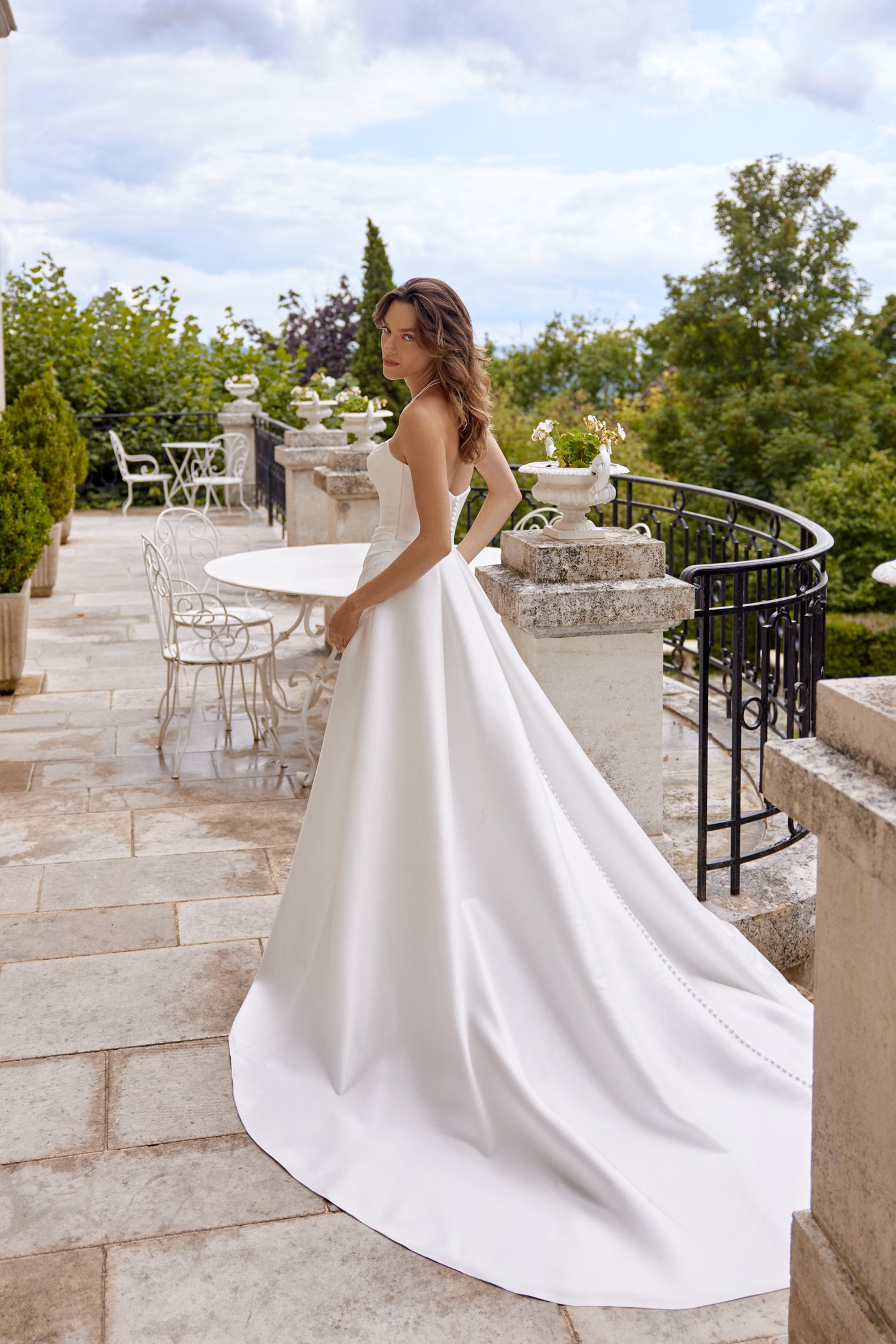 Madison: Stretch Mikado A-Line with Draped Strapless Neckline and