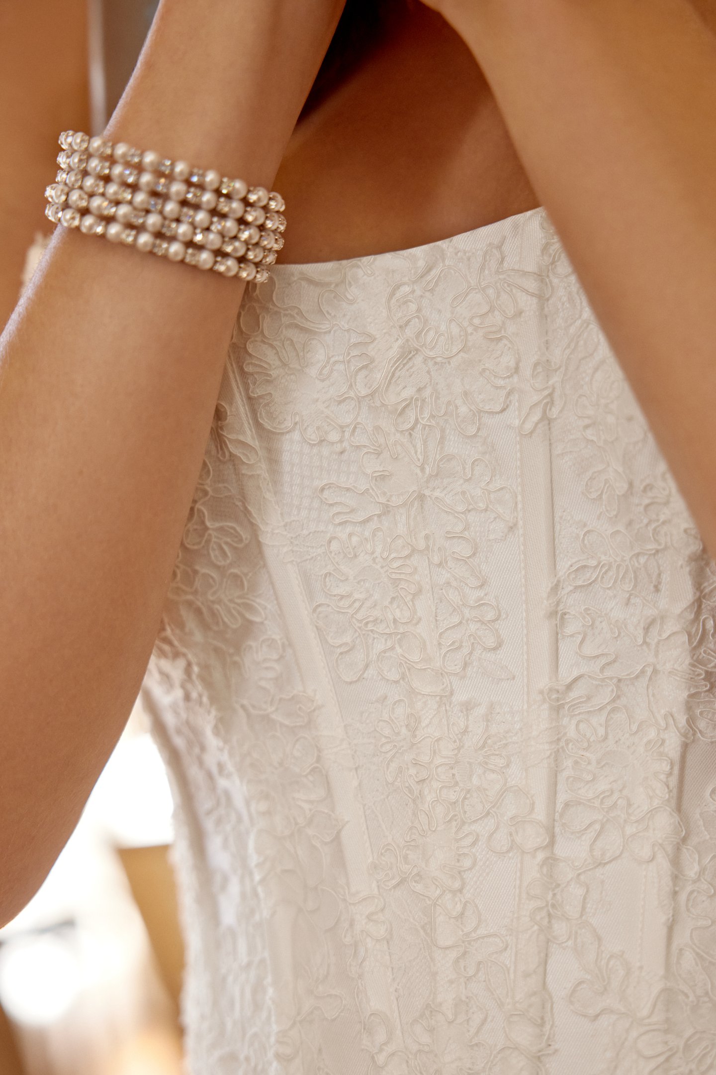 Marley: Stretch Mikado Fit and Flare Gown with Corded Lace