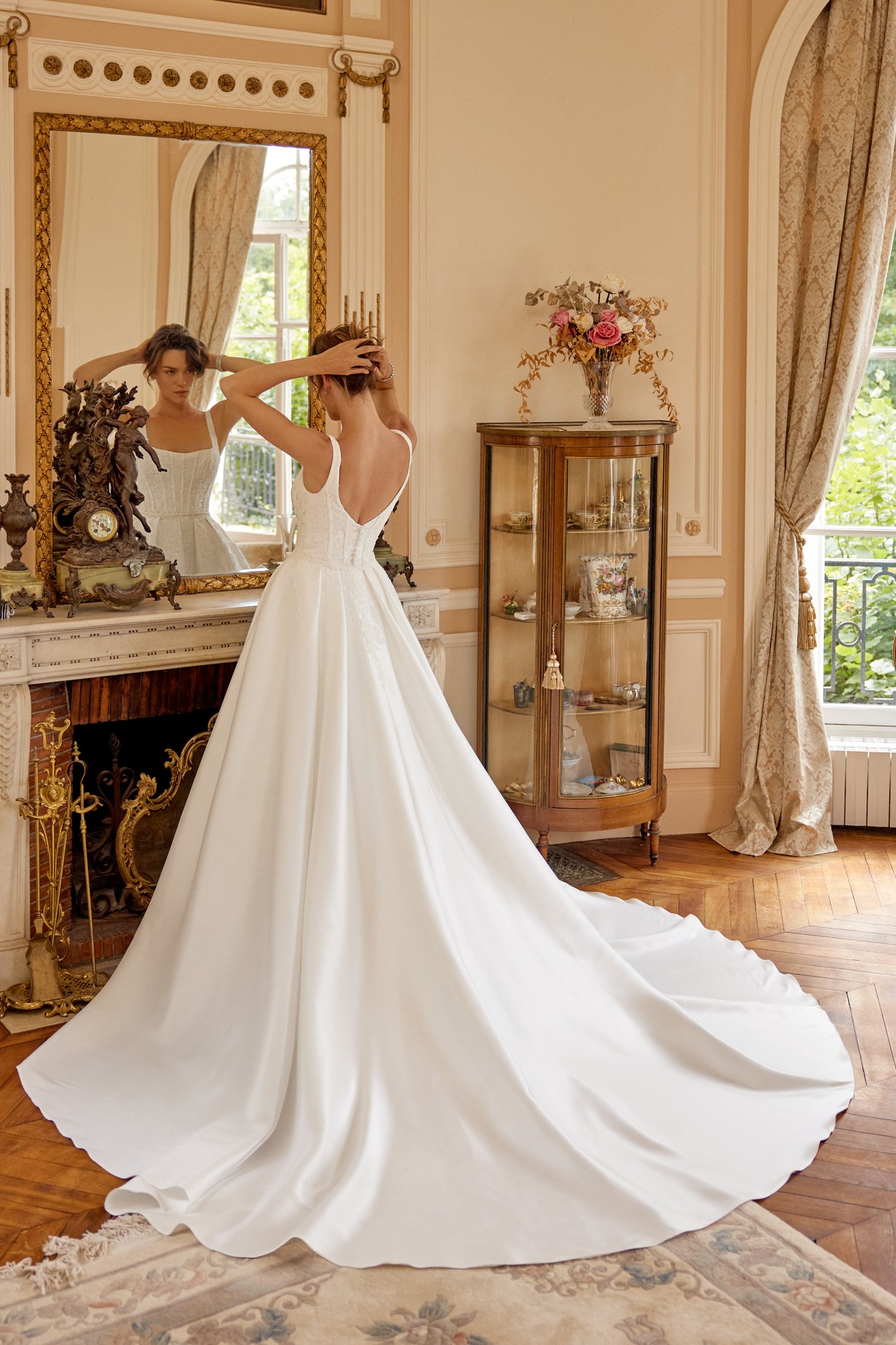Justin Alexander Style 88516 MARLEY Stretch Mikado Fit and Flare Gown with Corded Lace Appliqués on Bodice
