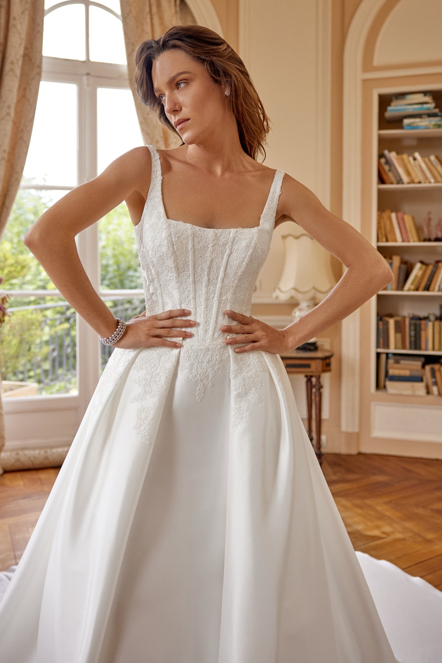 Marley: Stretch Mikado Fit and Flare Gown with Corded Lace