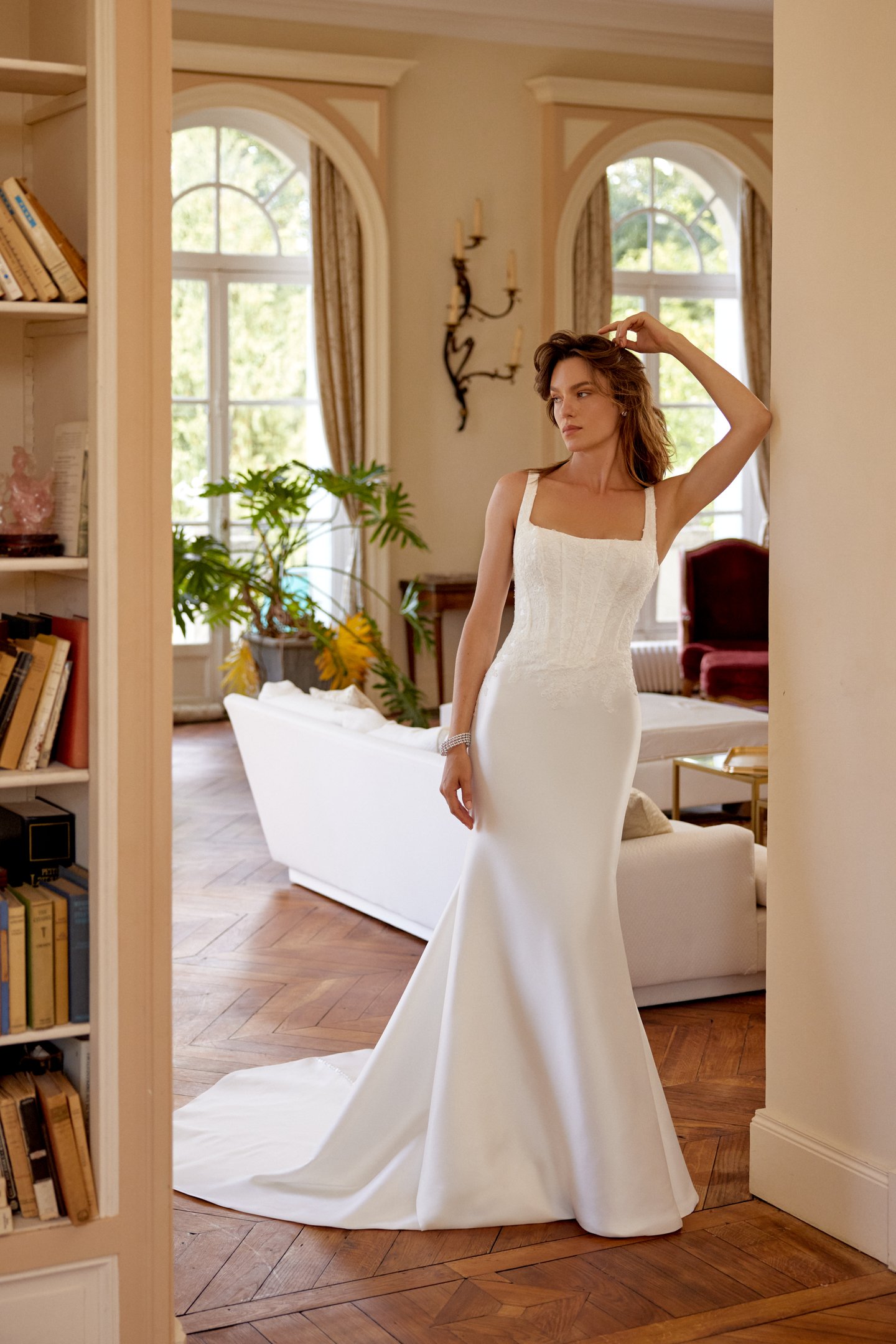 Marley: Stretch Mikado Fit and Flare Gown with Corded Lace
