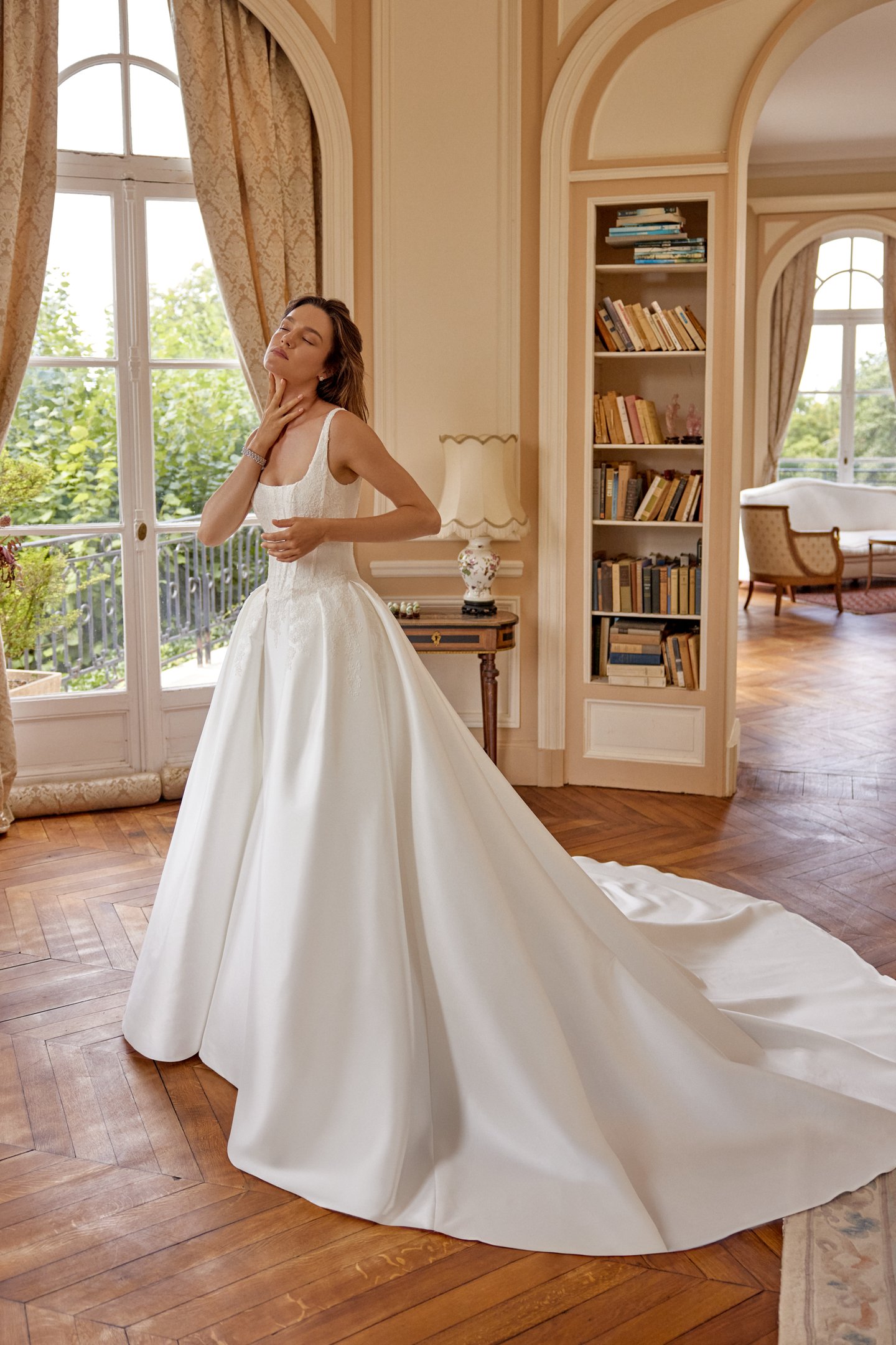 Justin Alexander Style 88516DT MARLEY TRAIN Detachable Stretch Mikado Skirt with Matte Corded Lace Appliqués