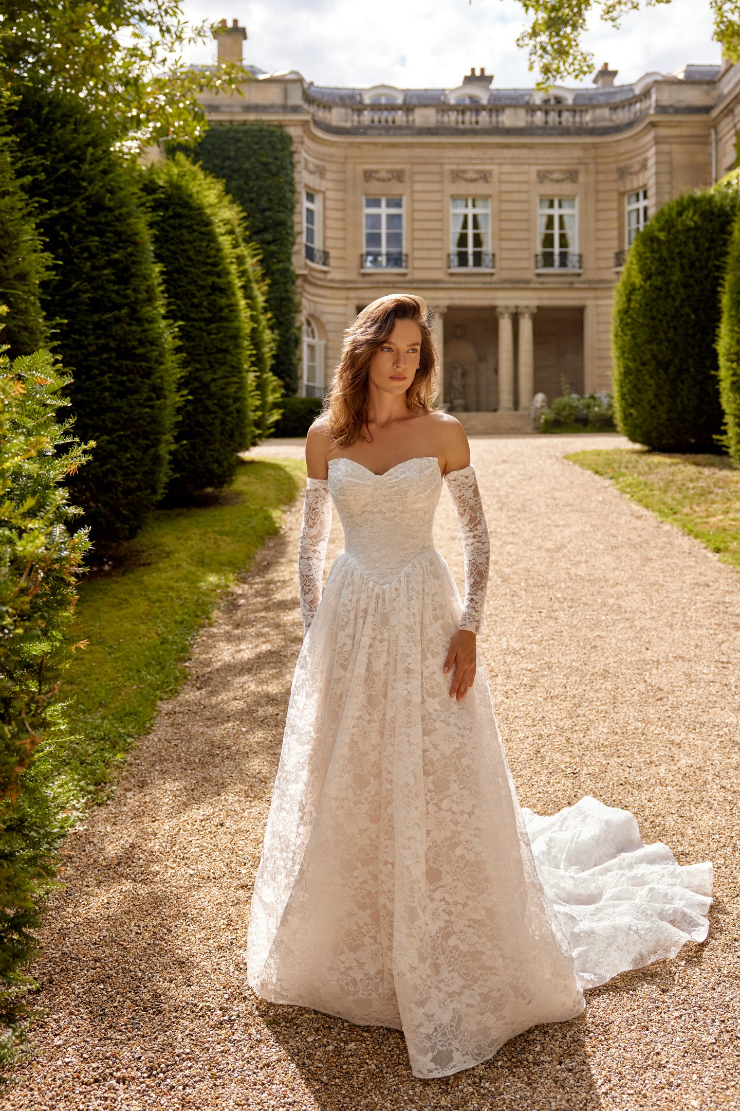 Justin Alexander Style 88517 MAGNOLIA Allover Corded Alençon Lace A-Line Gown with Rounded Basque Waist