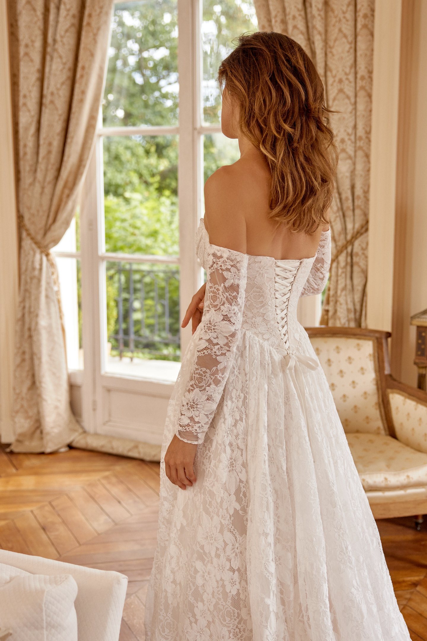 Justin Alexander Style 88517SL MAGNOLIA SLEEVES Off-The-Shoulder Corded Allover Alençon Lace Long Sleeves