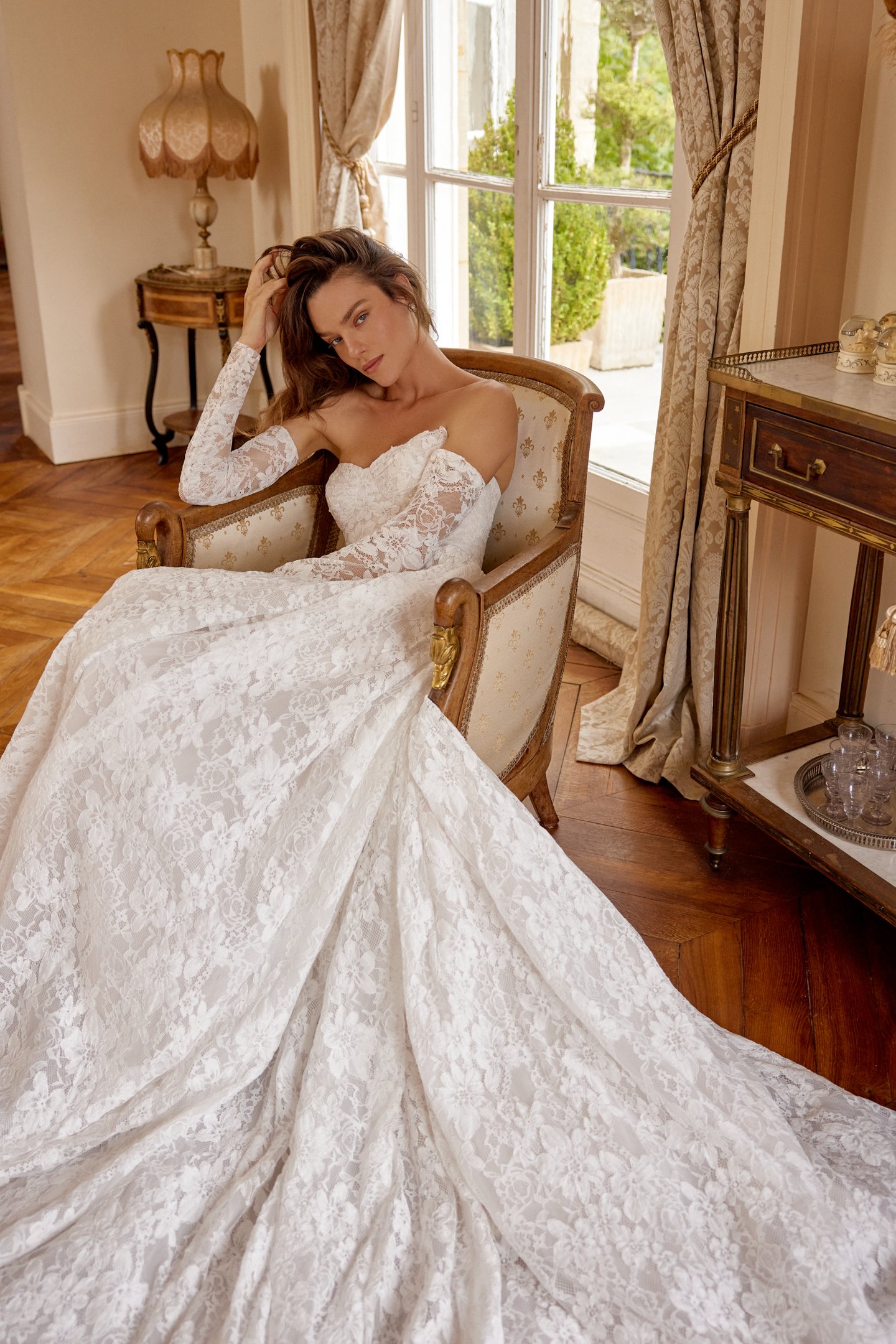 Justin Alexander Style 88517SL MAGNOLIA SLEEVES Off-The-Shoulder Corded Allover Alençon Lace Long Sleeves