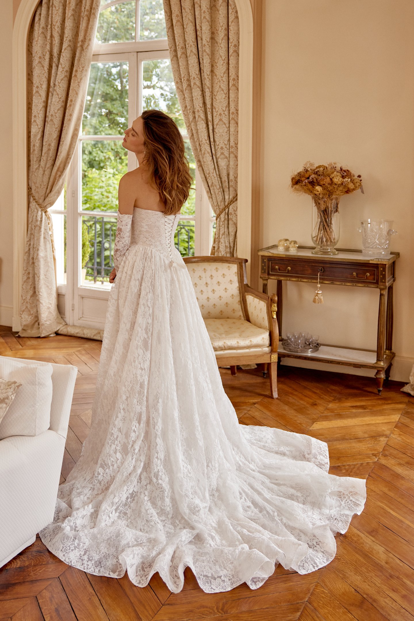 Justin Alexander Style 88517SL MAGNOLIA SLEEVES Off-The-Shoulder Corded Allover Alençon Lace Long Sleeves