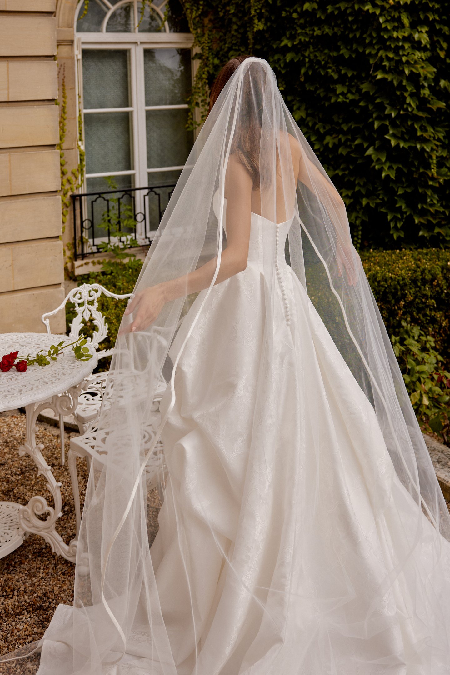 Justin Alexander Style 88519 MARA Strapless Brocade Ball Gown with Basque Waist and Pick-Up Skirt