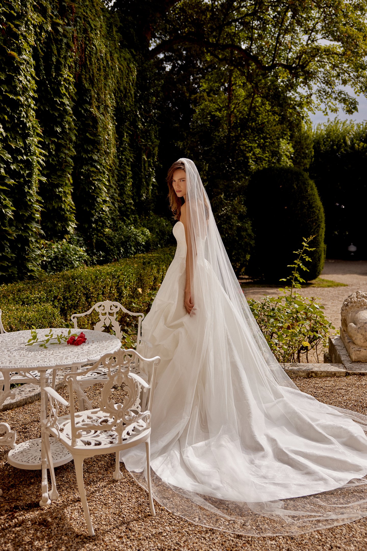 Justin Alexander Style 88519 MARA Strapless Brocade Ball Gown with Basque Waist and Pick-Up Skirt