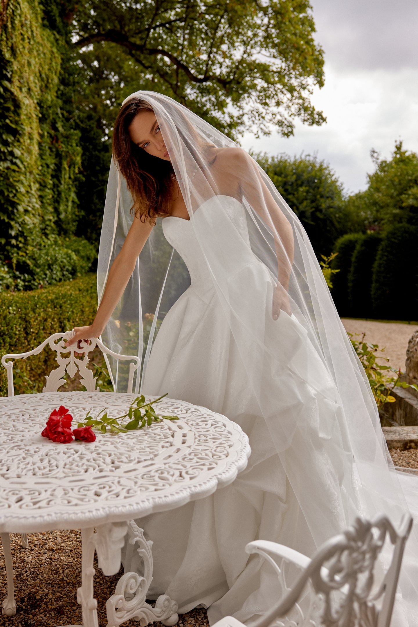 Justin Alexander Style 88519 MARA Strapless Brocade Ball Gown with Basque Waist and Pick-Up Skirt