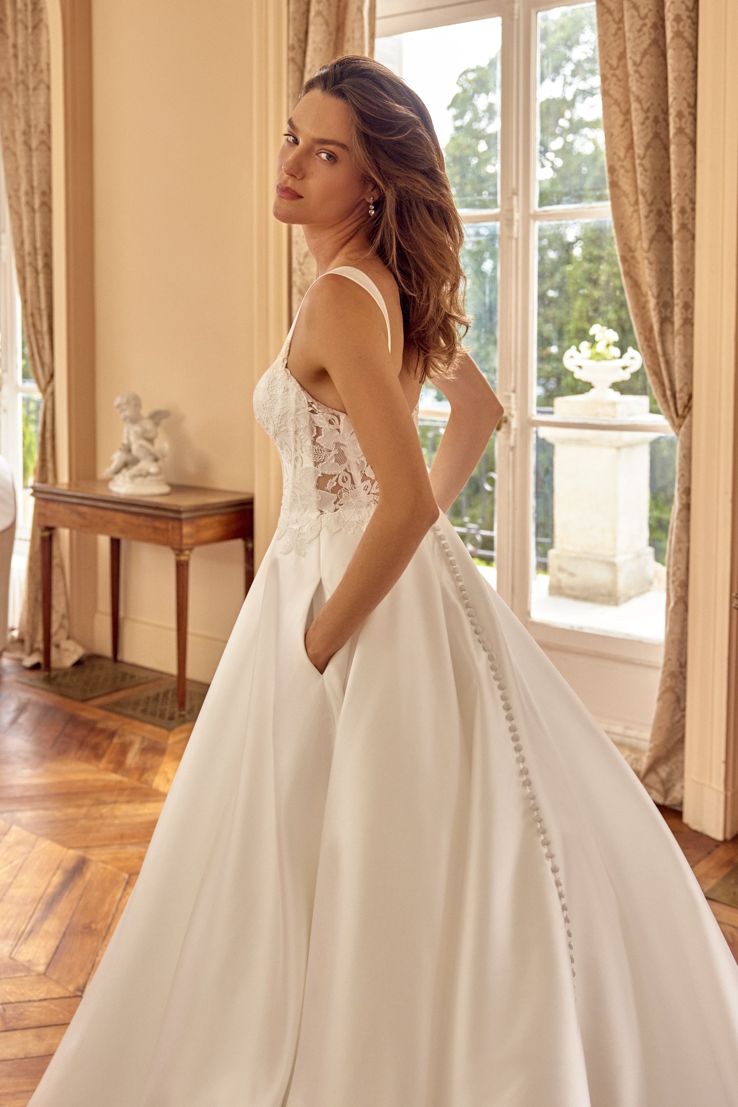 Justin Alexander Style 88520 MATILDA Mikado A-Line Gown with Demi Cup Detail and Matte Lace Appliqués