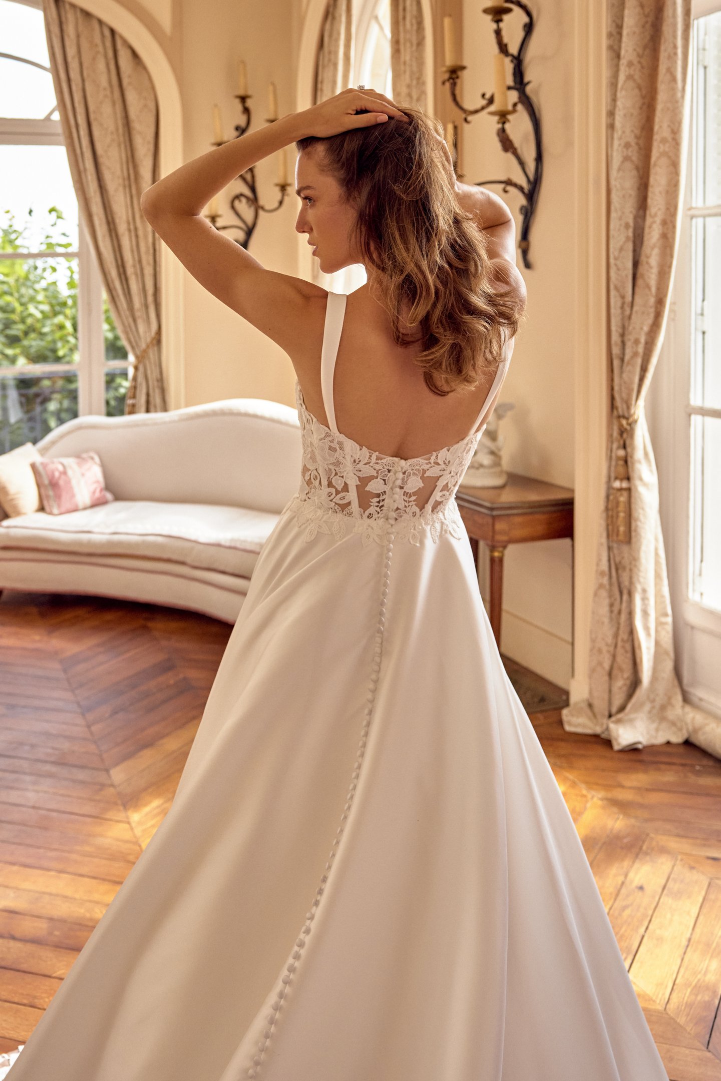 Justin Alexander Style 88520 MATILDA Mikado A-Line Gown with Demi Cup Detail and Matte Lace Appliqués