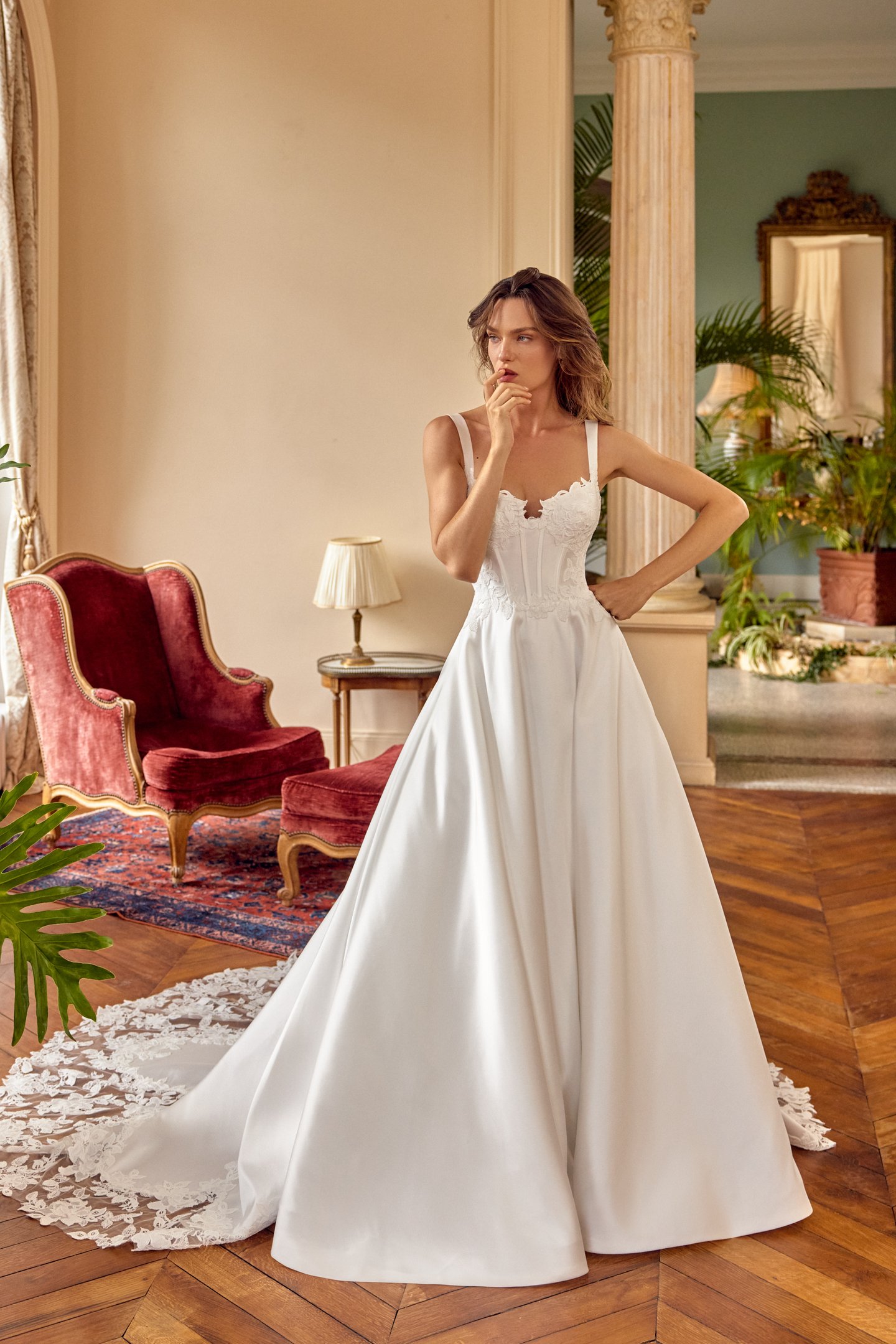 Justin Alexander Style 88520 MATILDA Mikado A-Line Gown with Demi Cup Detail and Matte Lace Appliqués
