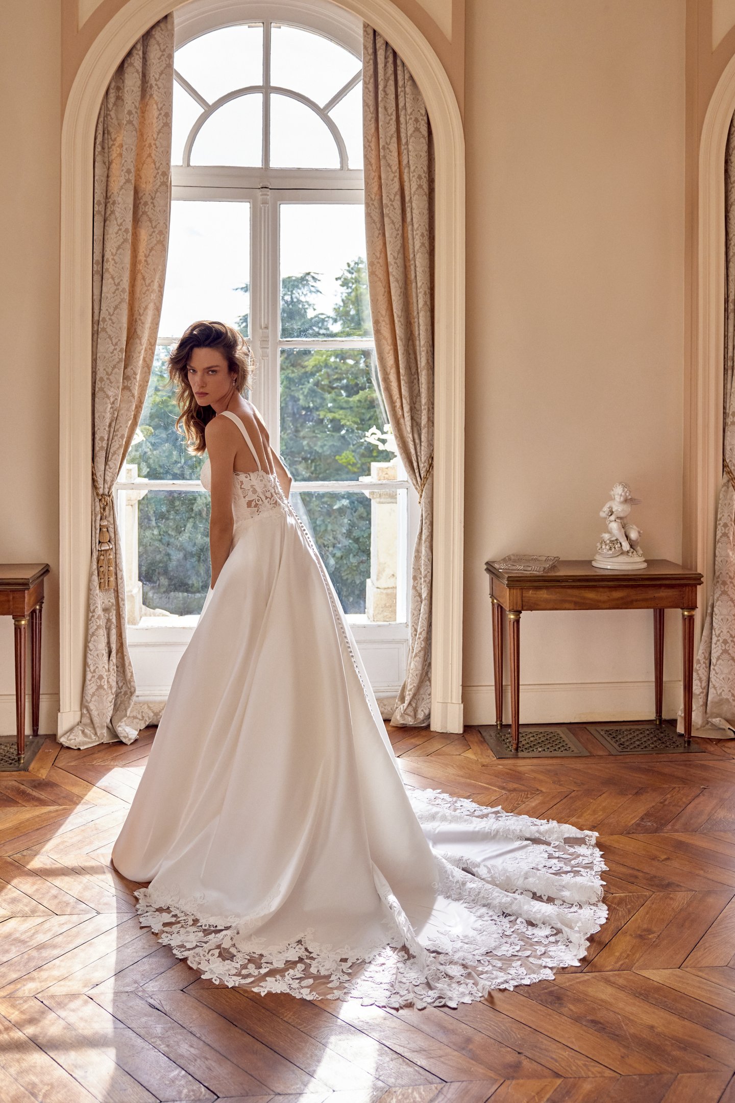 Justin Alexander Style 88520 MATILDA Mikado A-Line Gown with Demi Cup Detail and Matte Lace Appliqués