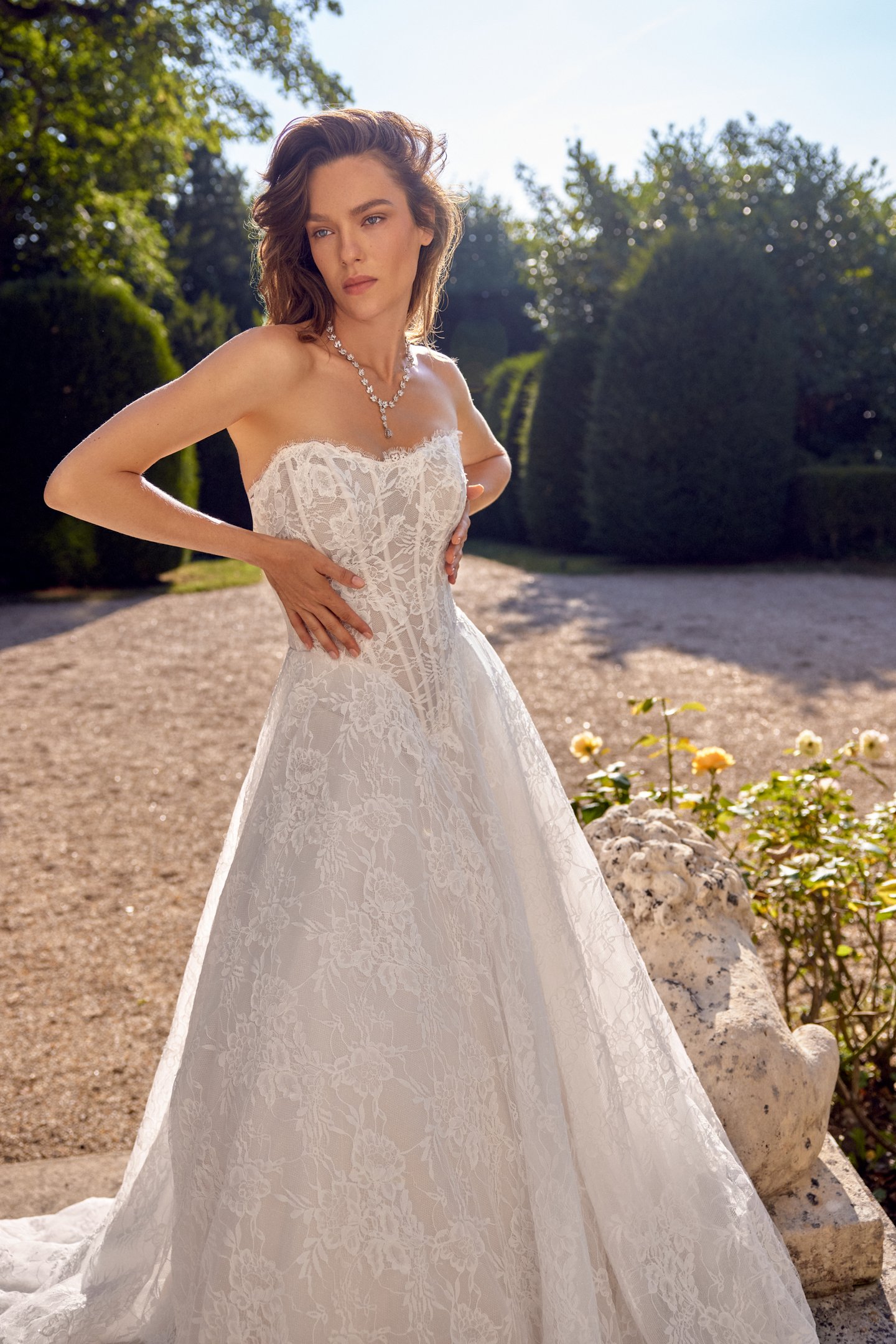 Justin Alexander Style 88522 MILAN Allover Matte Corded Alençon Lace A-Line Gown with Square Basque Waist