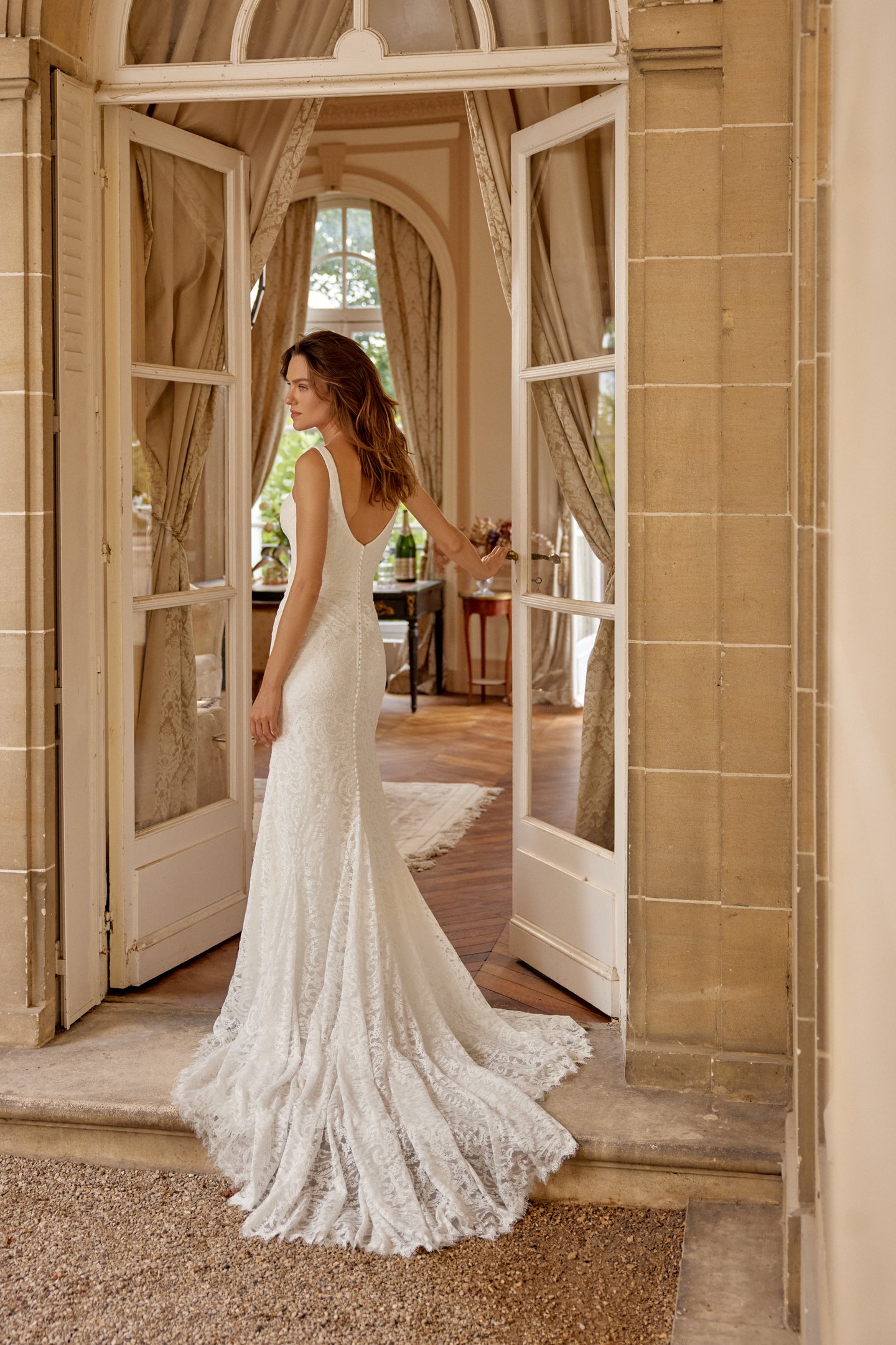 Justin Alexander Style 88523 MERCER Matte Lace Fit and Flare with Asymmetrical Draping on Bodice and Skirt