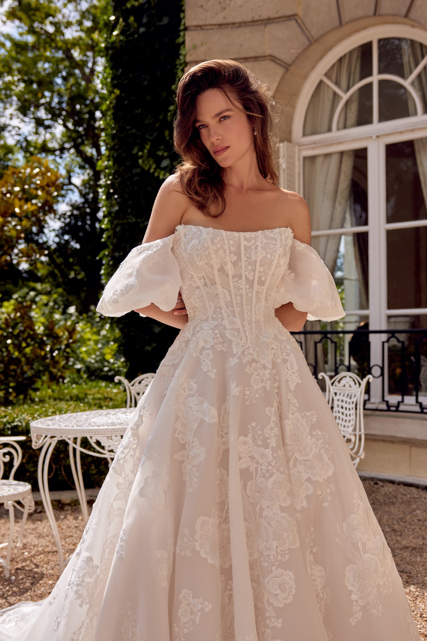 Justin Alexander Style 88524 MONET Organdy Ball Gown with Matte Embroidered Lace Appliqués and Pockets