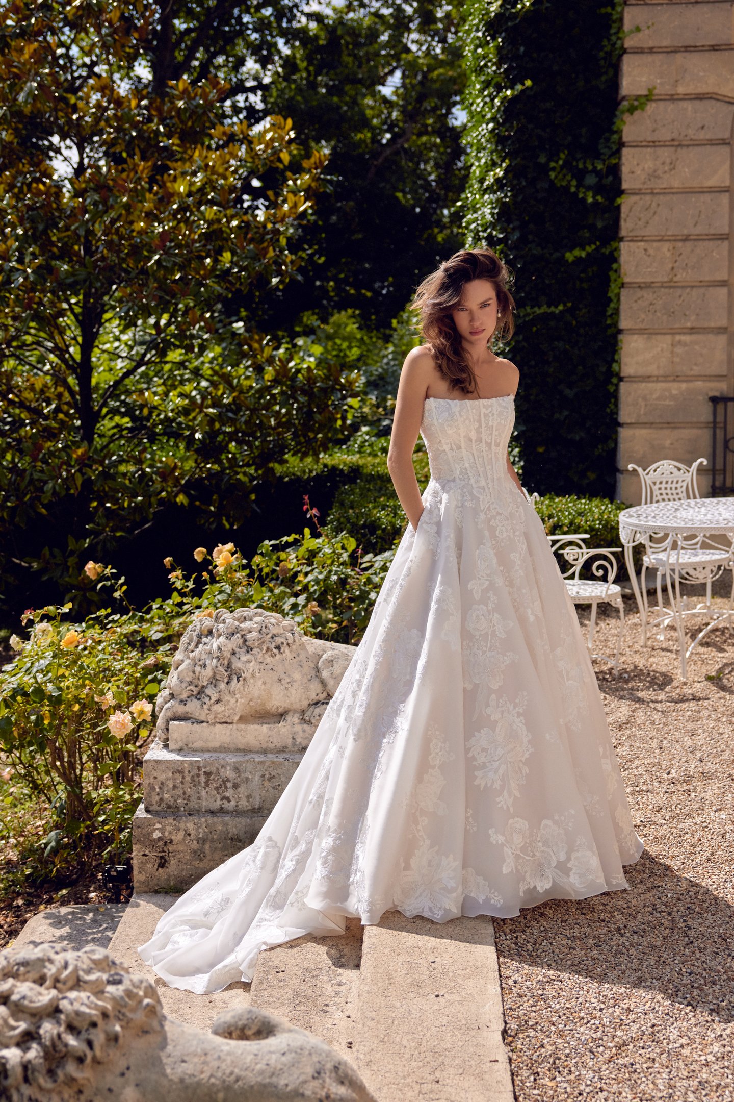 Justin Alexander Style 88524 MONET Organdy Ball Gown with Matte Embroidered Lace Appliqués and Pockets