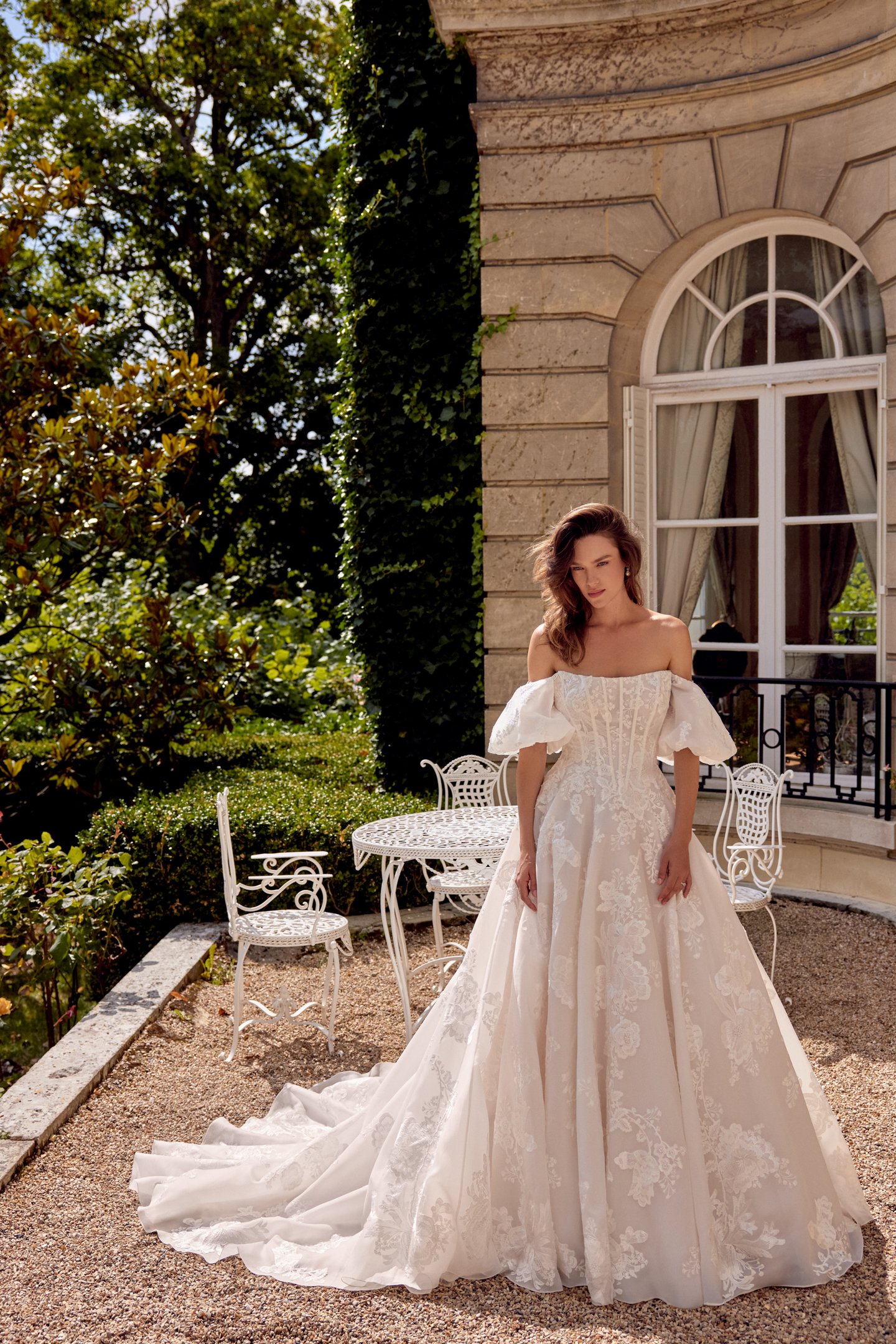 Justin Alexander Style 88524 MONET Organdy Ball Gown with Matte Embroidered Lace Appliqués and Pockets