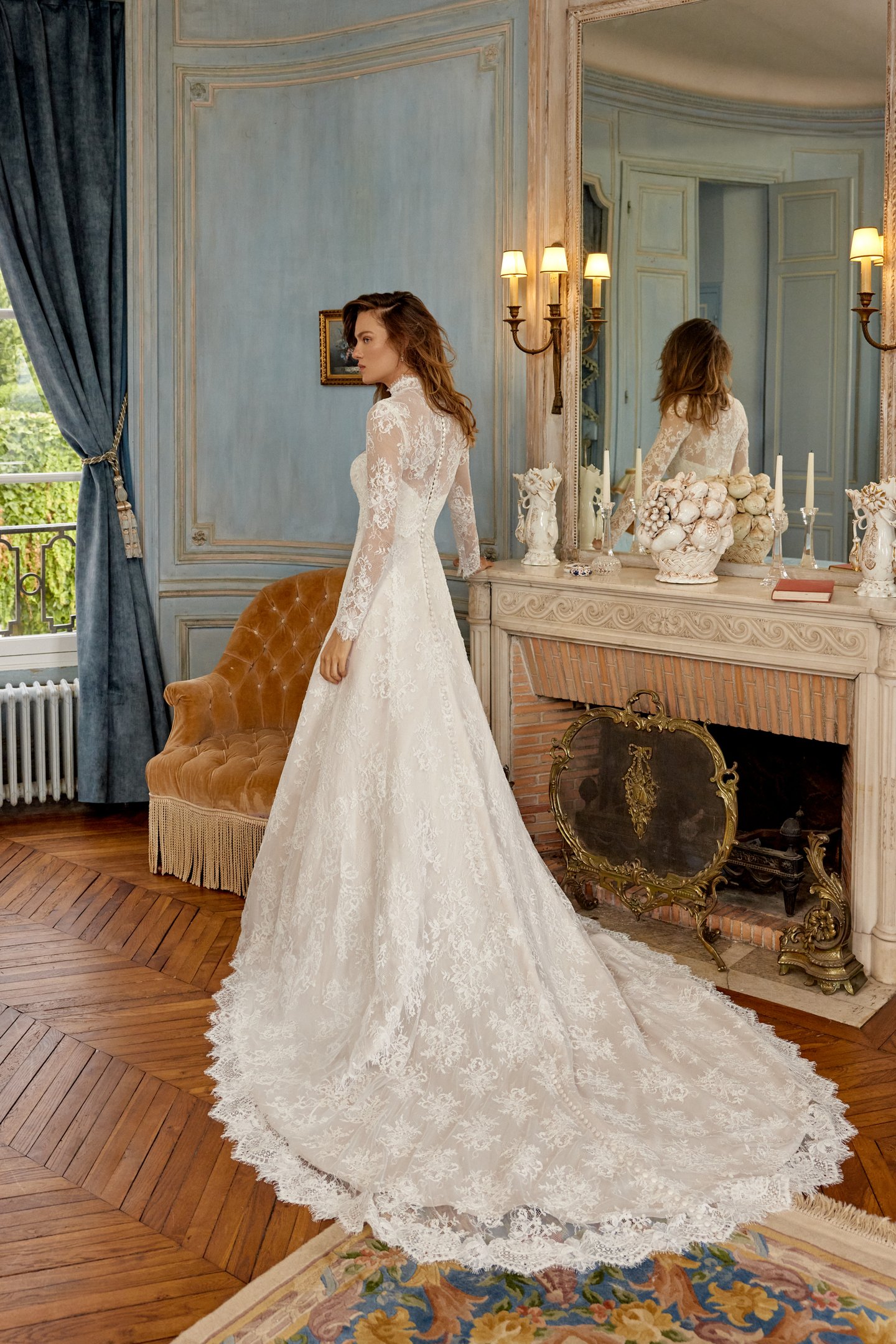 Merida: Matte Alençon Corded Lace Slim A-Line Gown with Eyelash
