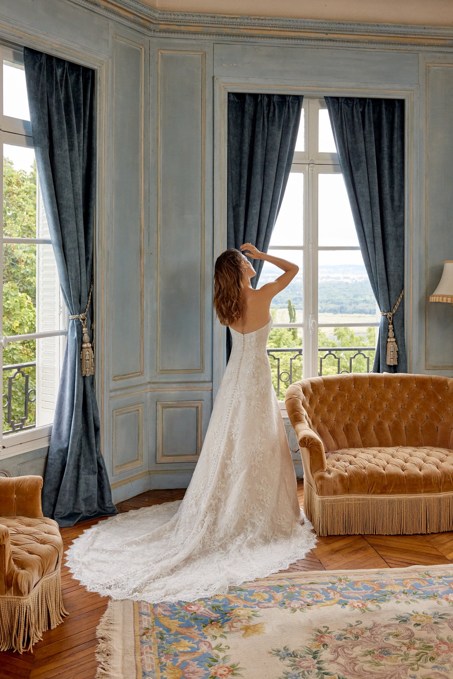 Merida: Matte Alençon Corded Lace Slim A-Line Gown with Eyelash