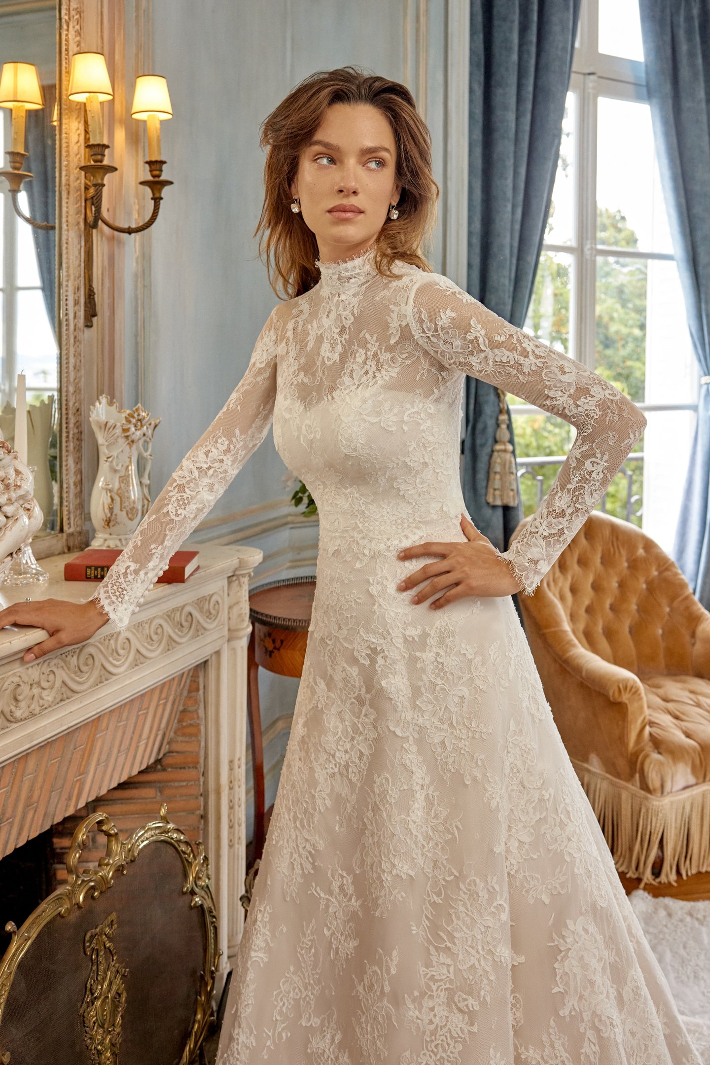 Merida: Matte Alençon Corded Lace Slim A-Line Gown with Eyelash