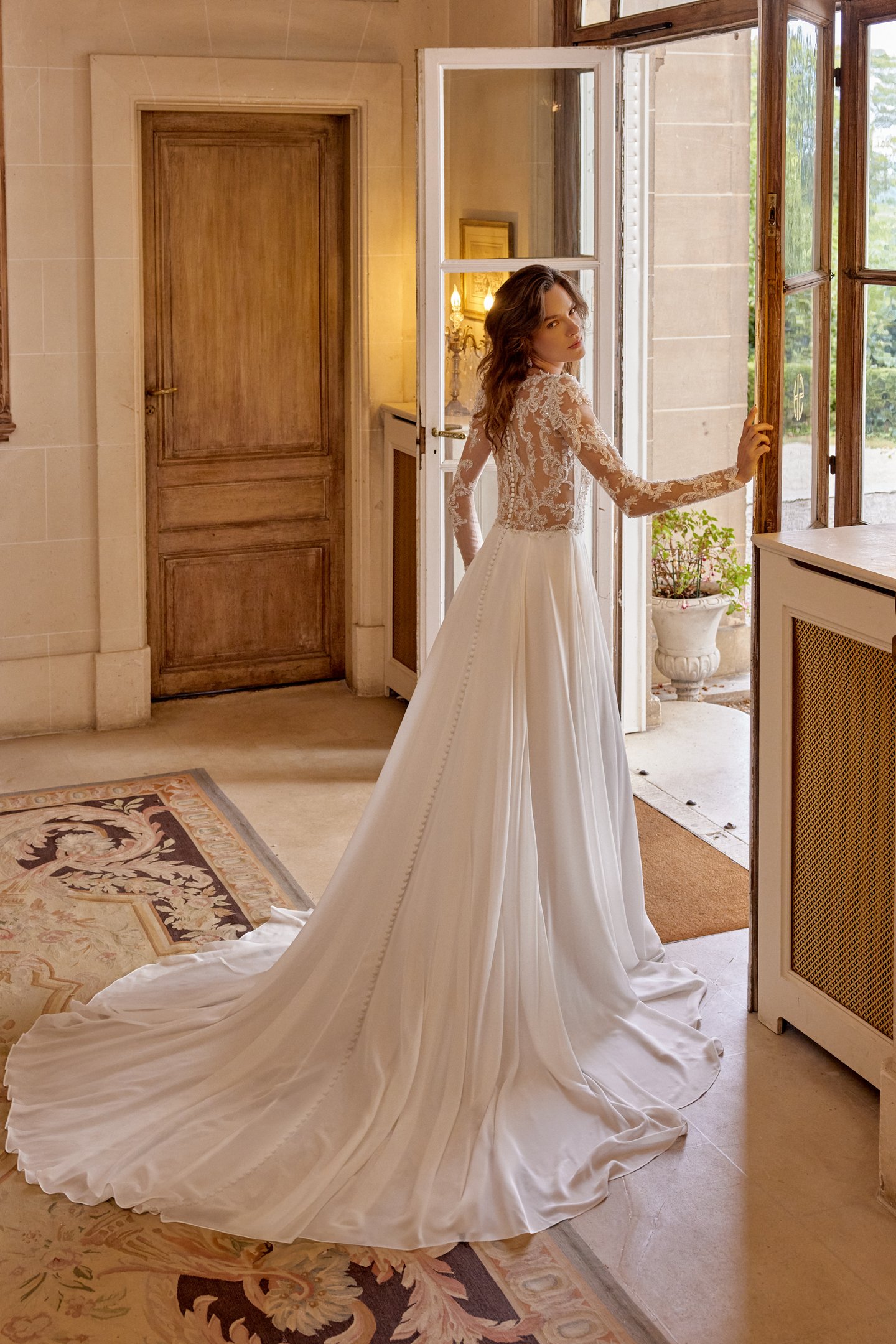 Justin Alexander Style 88526 MYLA Chiffon A-Line with Queen Anne Neckline and Long Sleeves