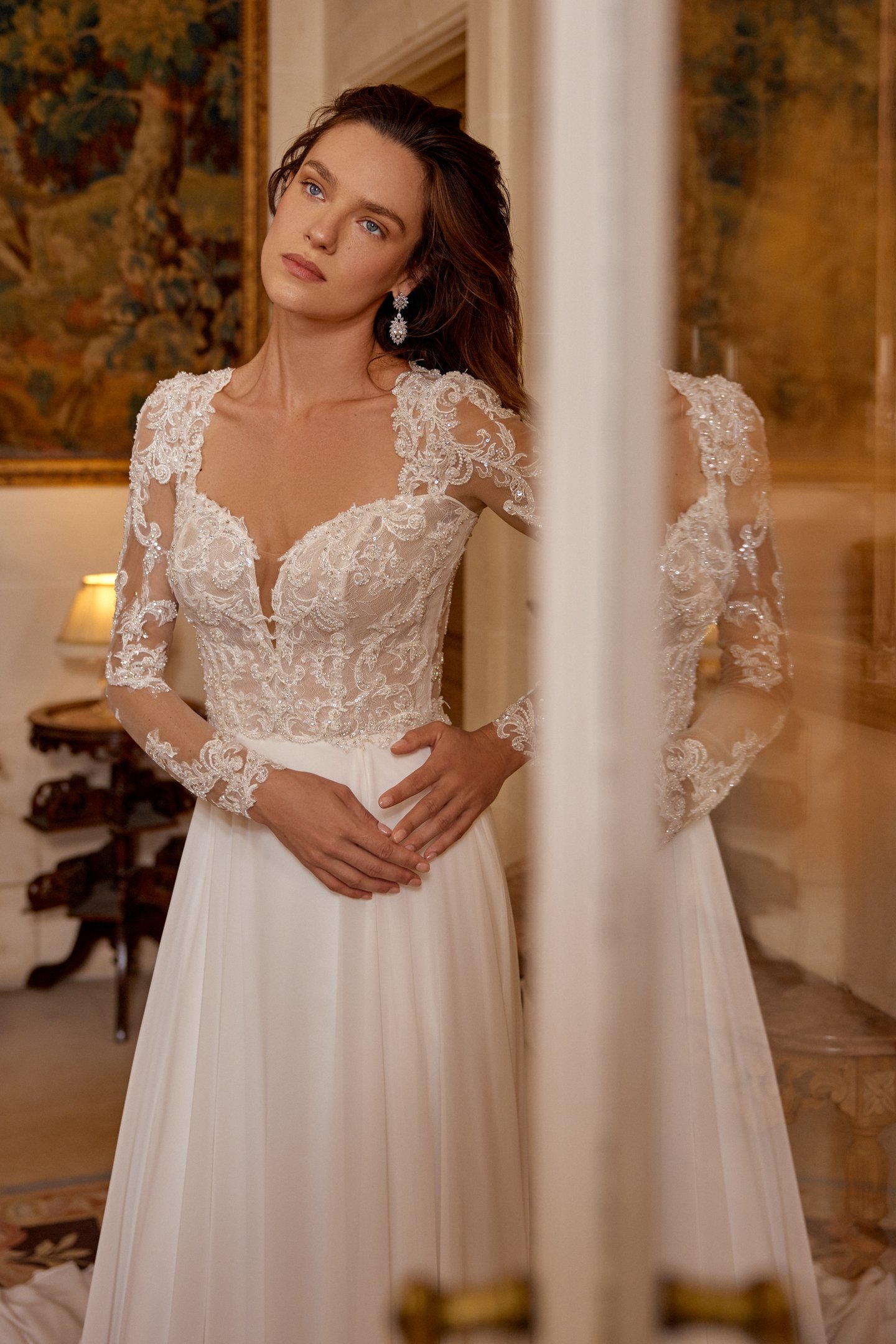 Justin Alexander Style 88526 MYLA Chiffon A-Line with Queen Anne Neckline and Long Sleeves
