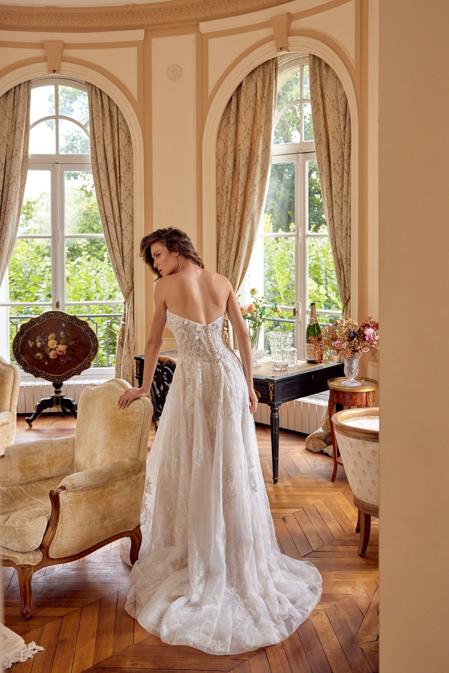 Justin Alexander Style 88527 MAVEN Allover Chantilly Lace A-Line Gown with Draped Beaded Bodice