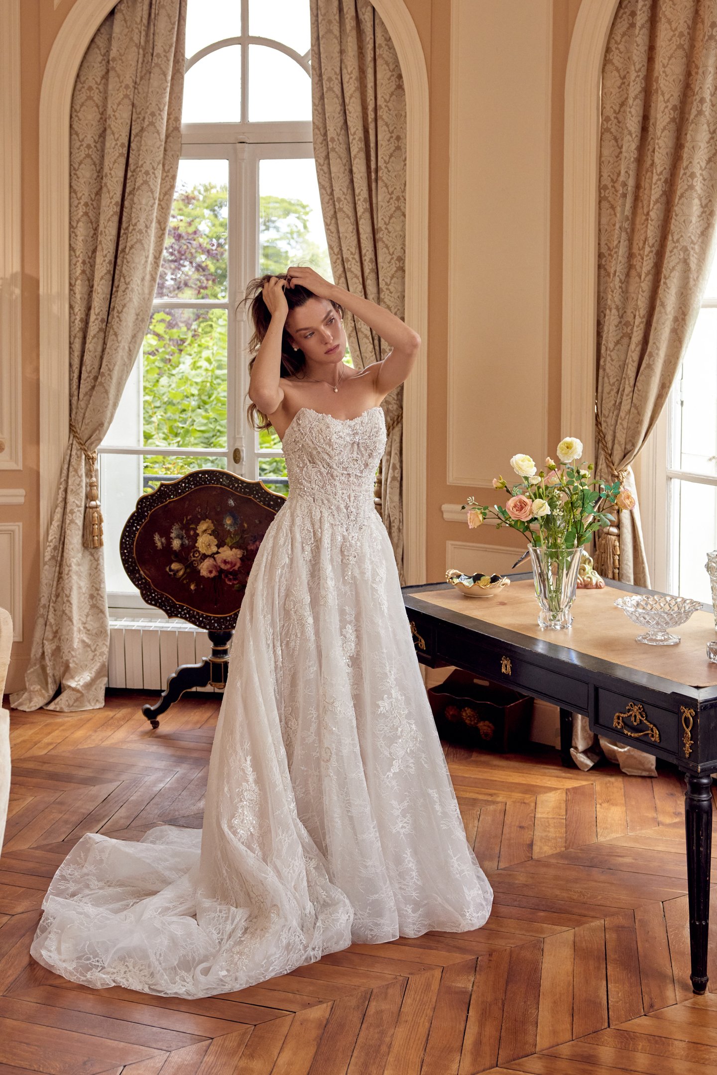 Justin Alexander Style 88527 MAVEN Allover Chantilly Lace A-Line Gown with Draped Beaded Bodice