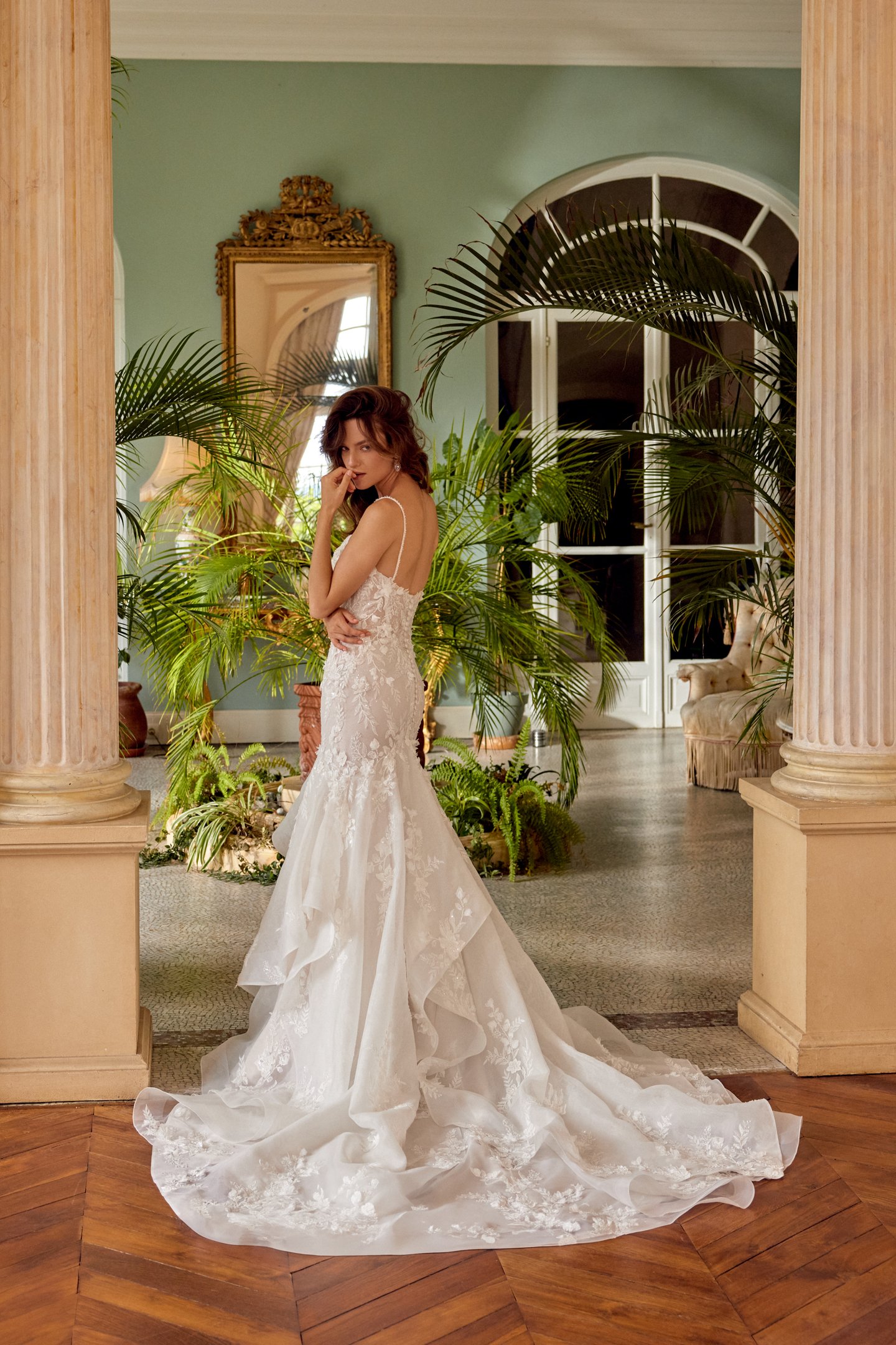 Justin Alexander Style 88528 MARJORIE Organza Mermaid Gown with Tiered Ruffle Skirt and Lace Appliqués