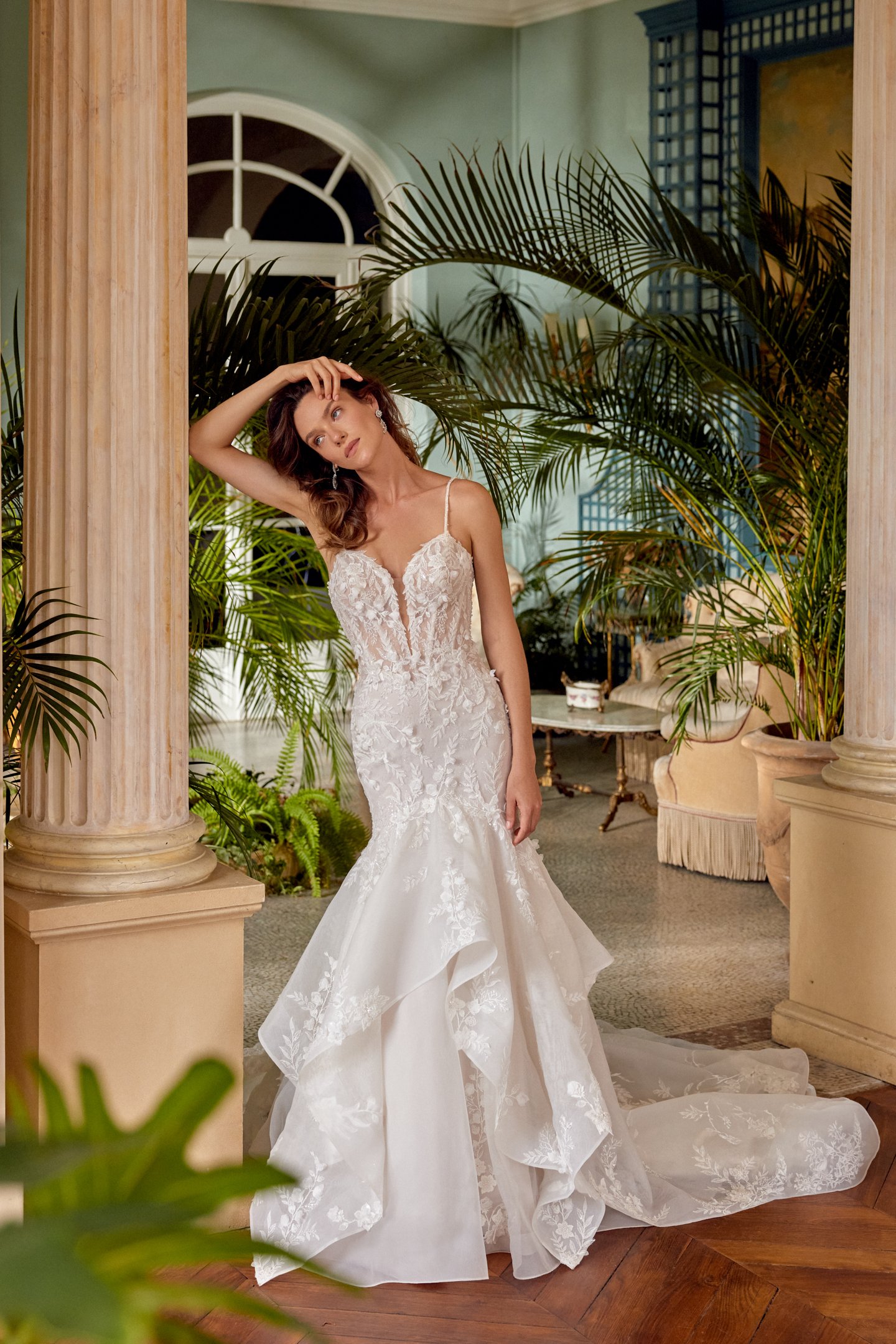 Justin Alexander Style 88528 MARJORIE Organza Mermaid Gown with Tiered Ruffle Skirt and Lace Appliqués