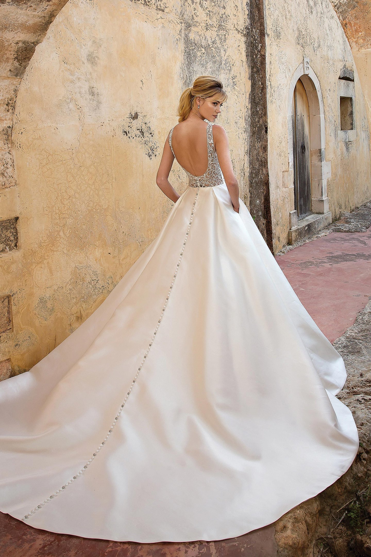 Justin Alexander style 88038 Clean Mikado Ball Gown with Crystal Buttons
