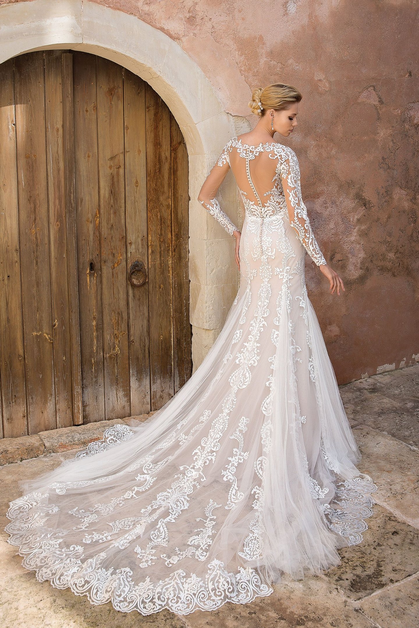 Justin Alexander Style 88049 Allover Lace Illusion Long Sleeve Fit and Flare Gown