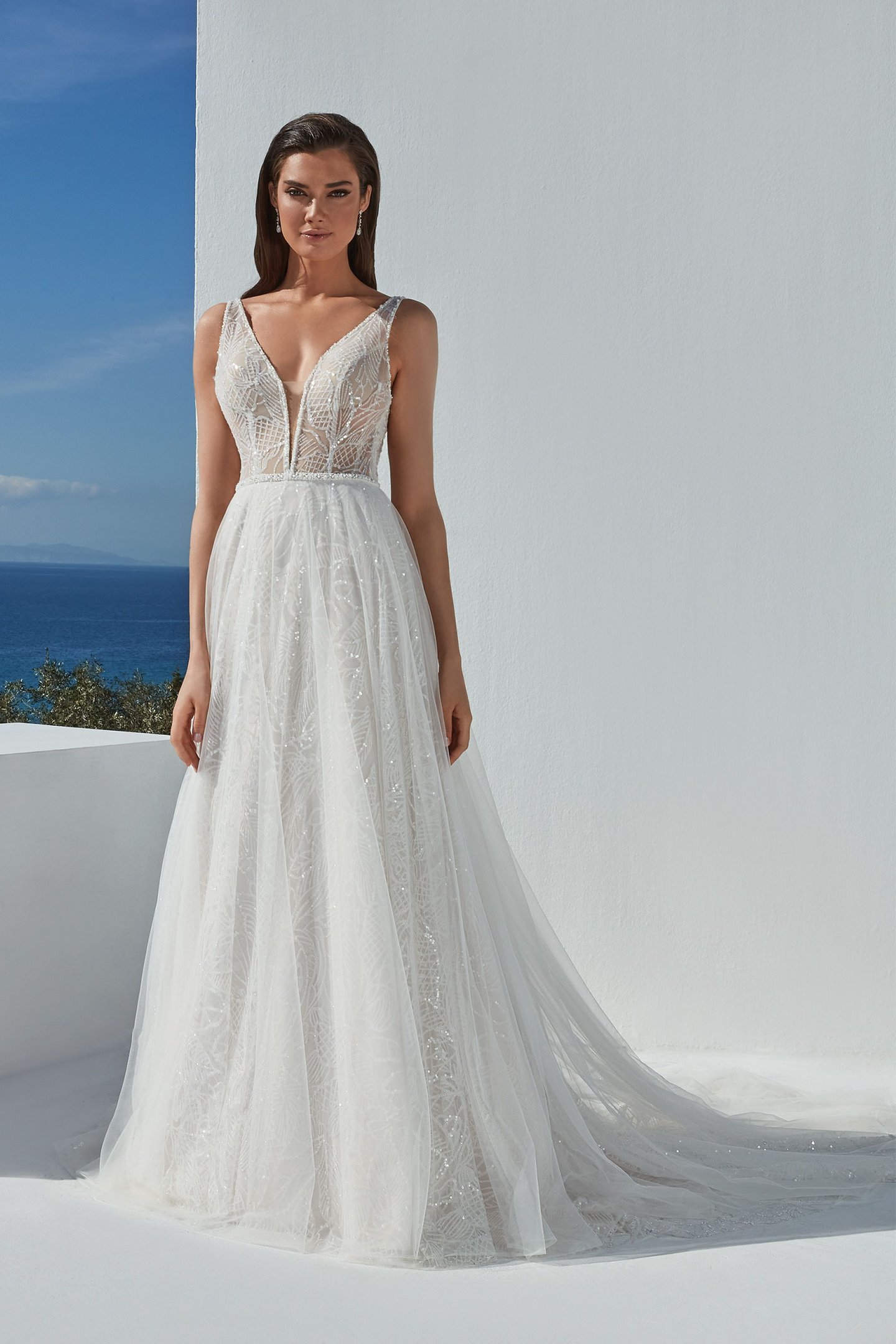 Justin Alexander Style 88179 Brandy Sparkly A-Line Gown Embellished with Sequined Motif Glitter Tulle