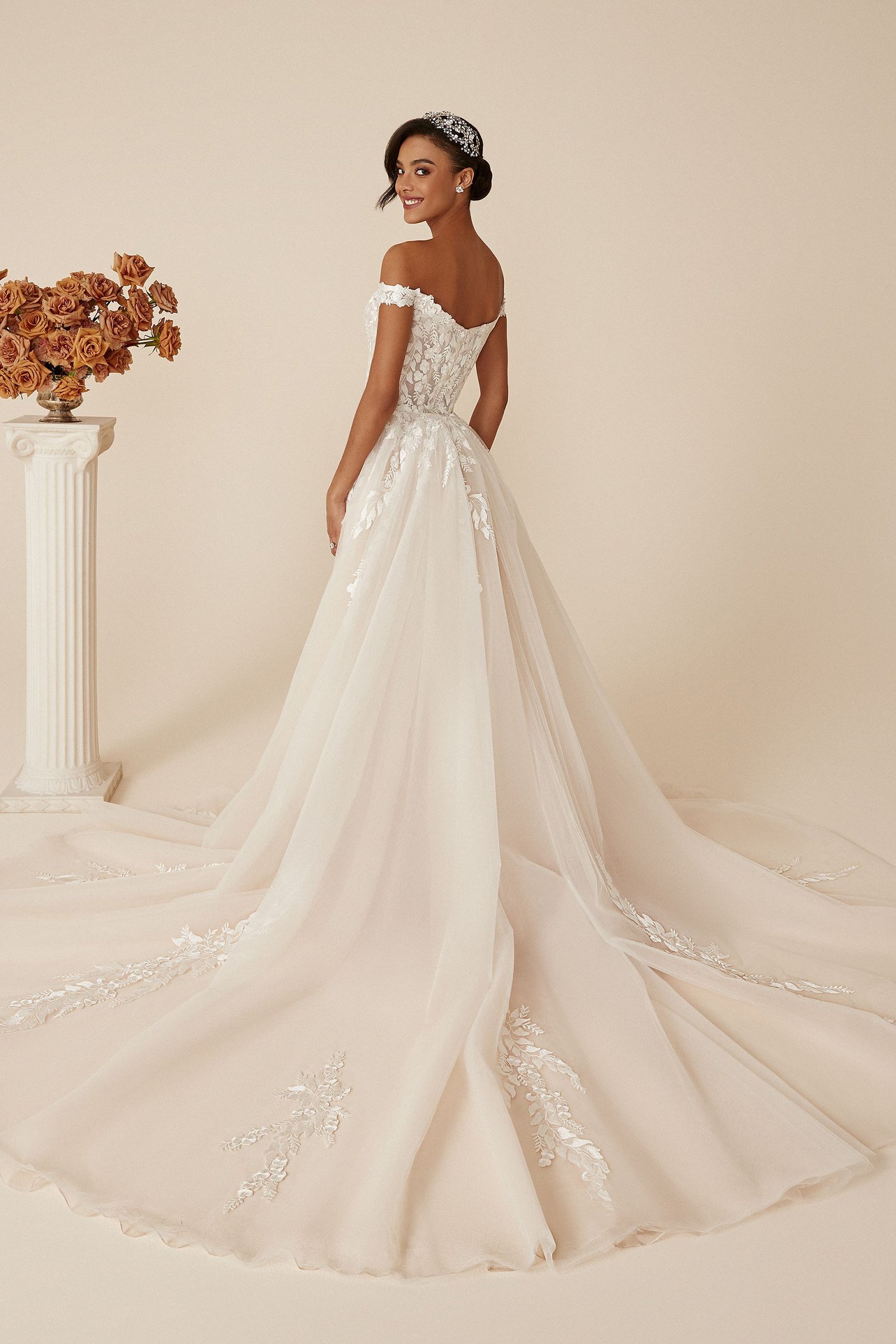 Justin Alexander Style 88245 Deidra Off-the-Shoulder Dress with Sequin Tulle and Leafy Appliqués