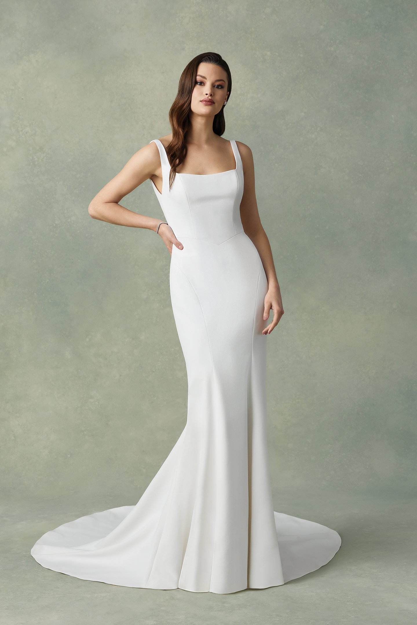 Justin Alexander Style 88285 Ford Square Neck Stretch Crepe Fit and Flare Gown with Basque Waist