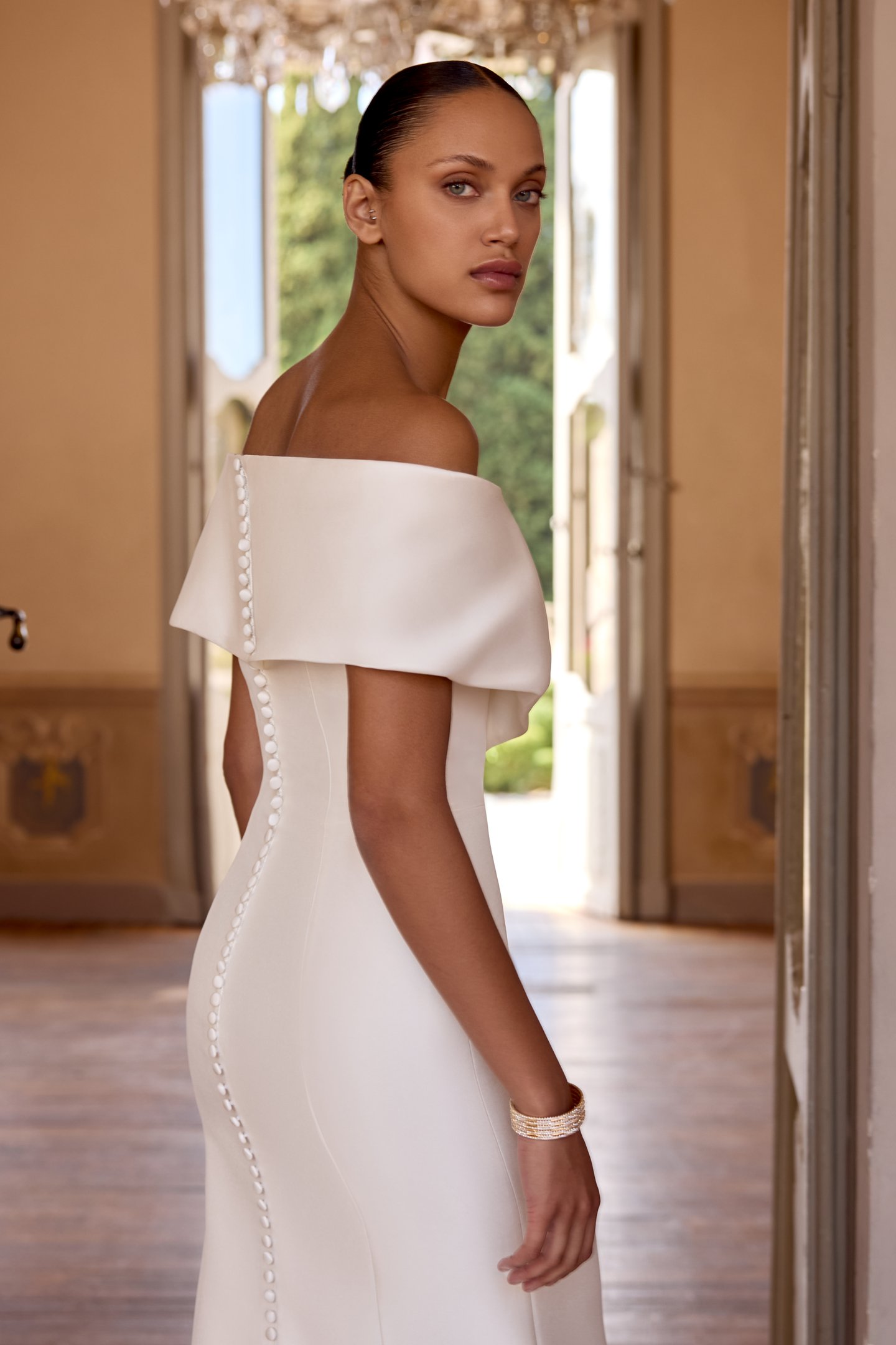 Justin Alexander Style 88293 Fiona Stretch Mikado Dress with Cuffed Off the Shoulder Neckline