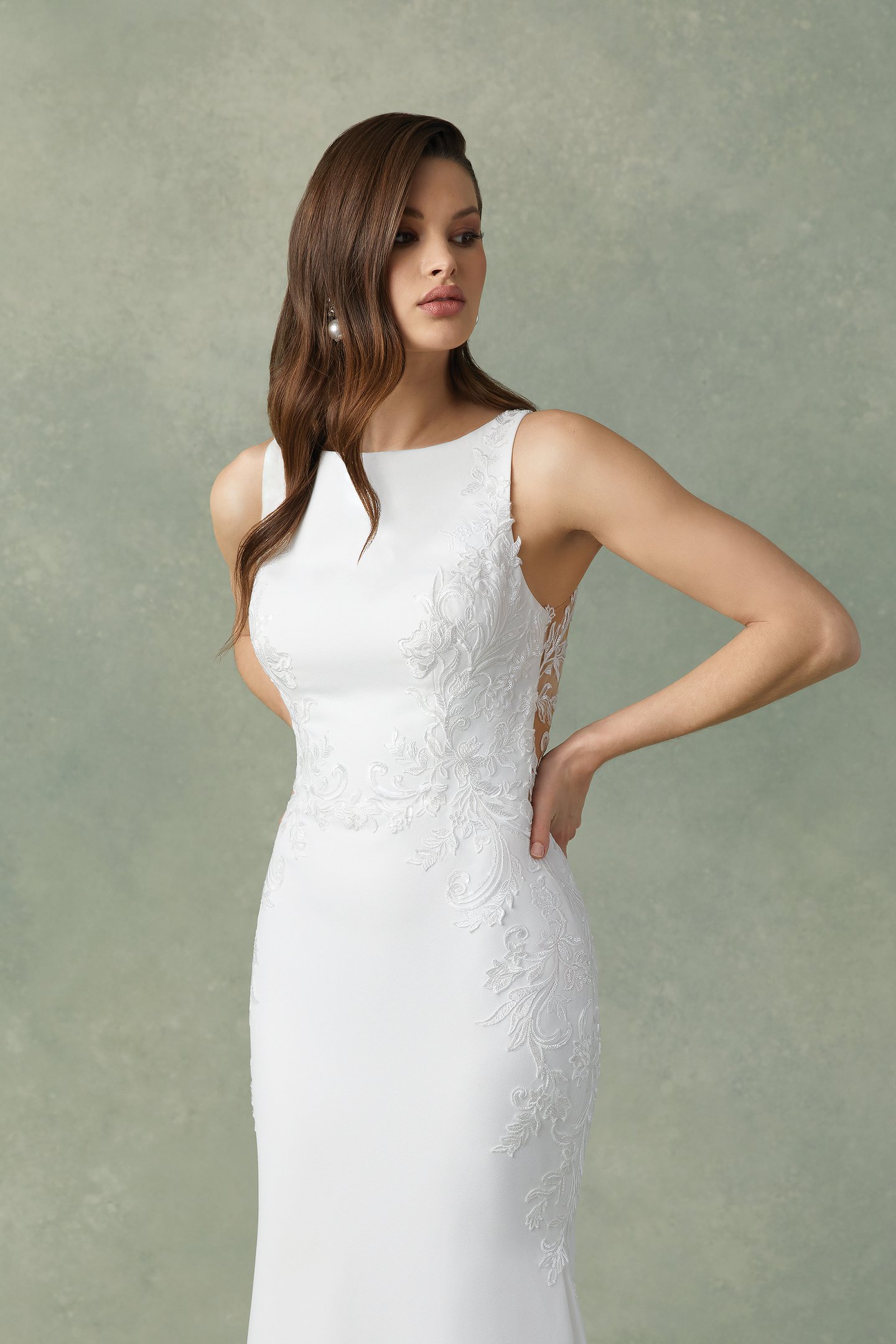 Justin Alexander Style 88295 Flint Crepe Fit and Flare Dress with Sabrina Neckline and Illusion Back
