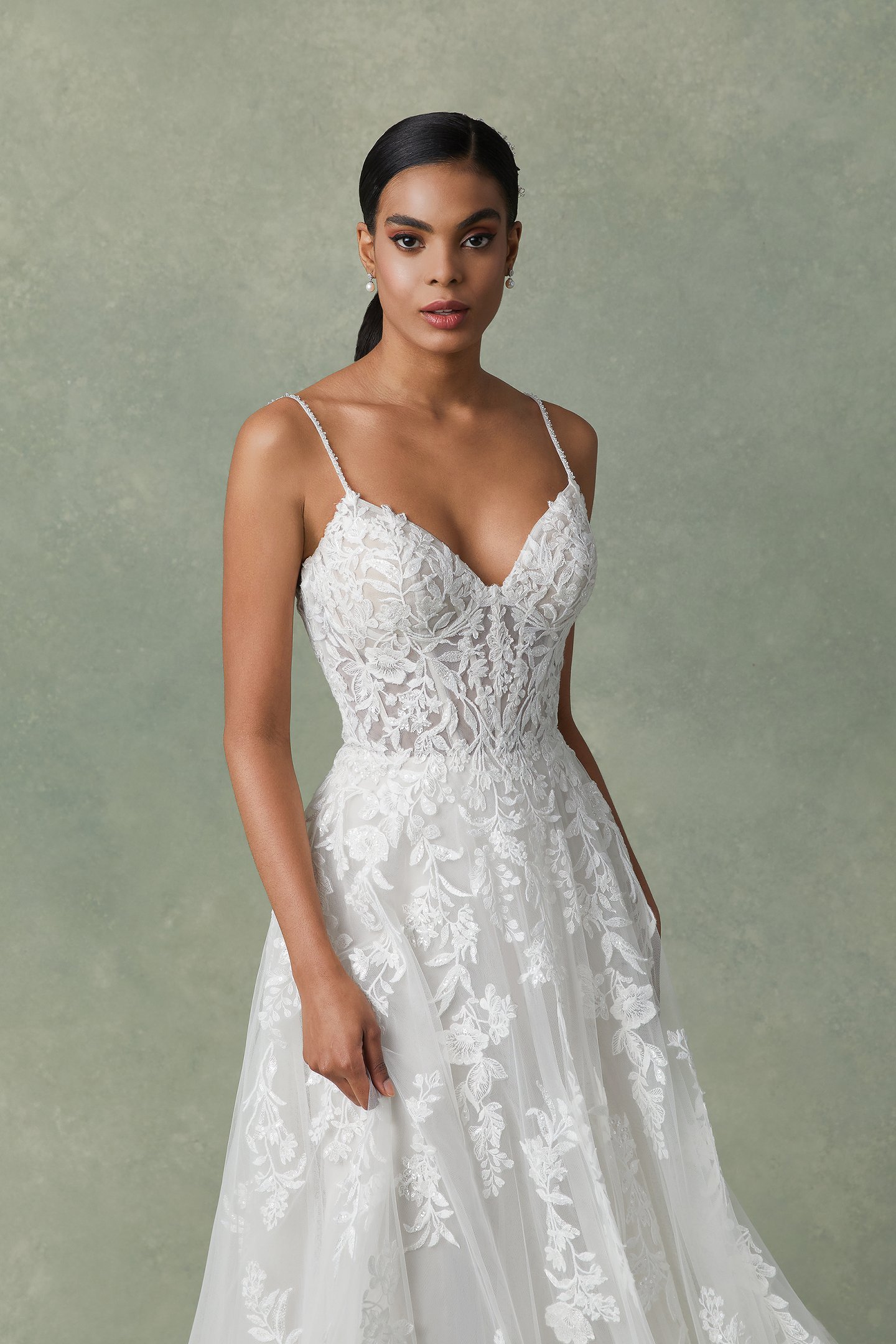 Justin Alexander Style 88296 Faris Bikini Neck A-Line Gown with Exposed Boning and Demi Cups