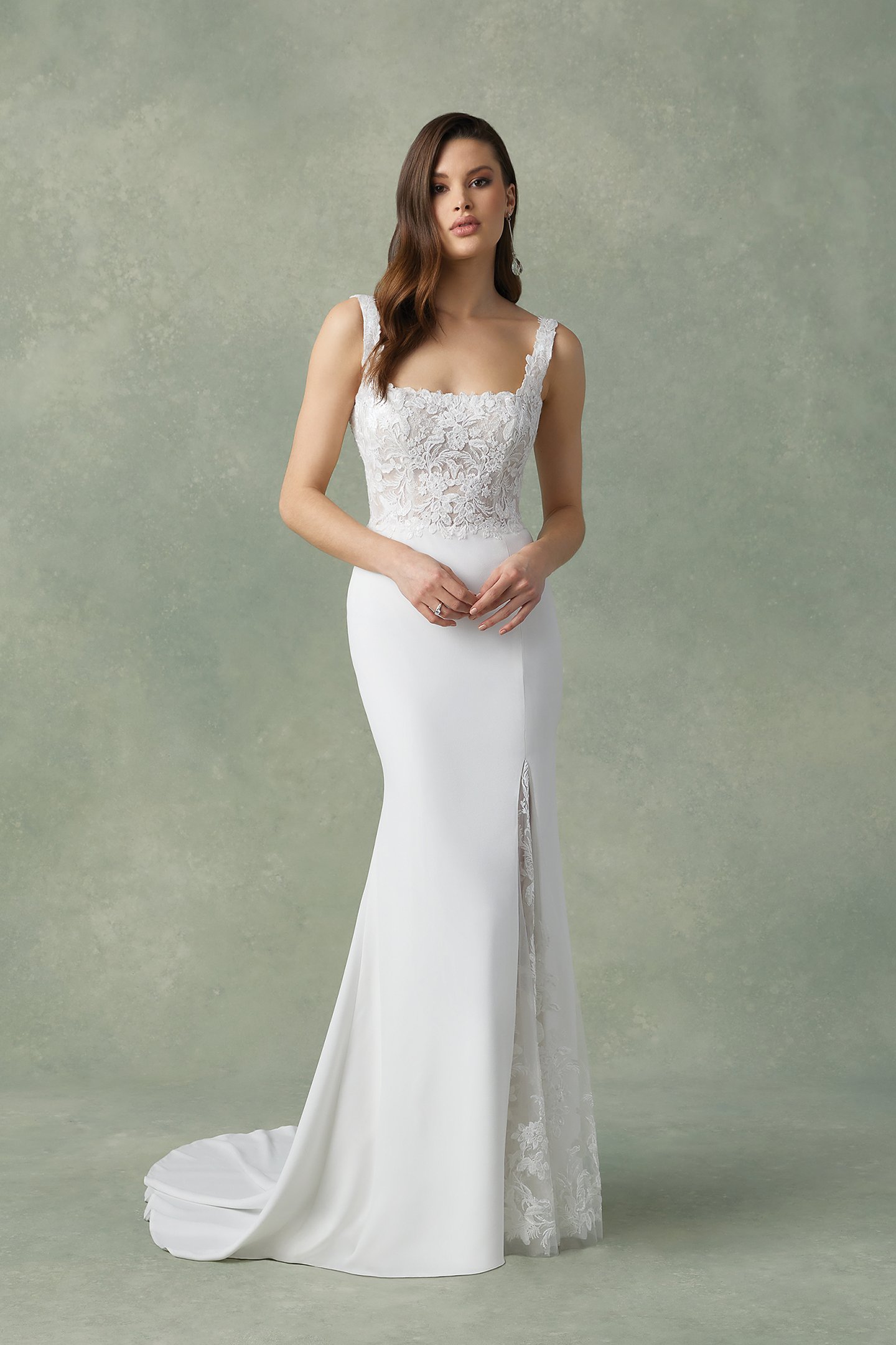 Justin Alexander Style 88297 Florien Lace and Crepe Fit and Flare Dress with Square Neckline and Slit