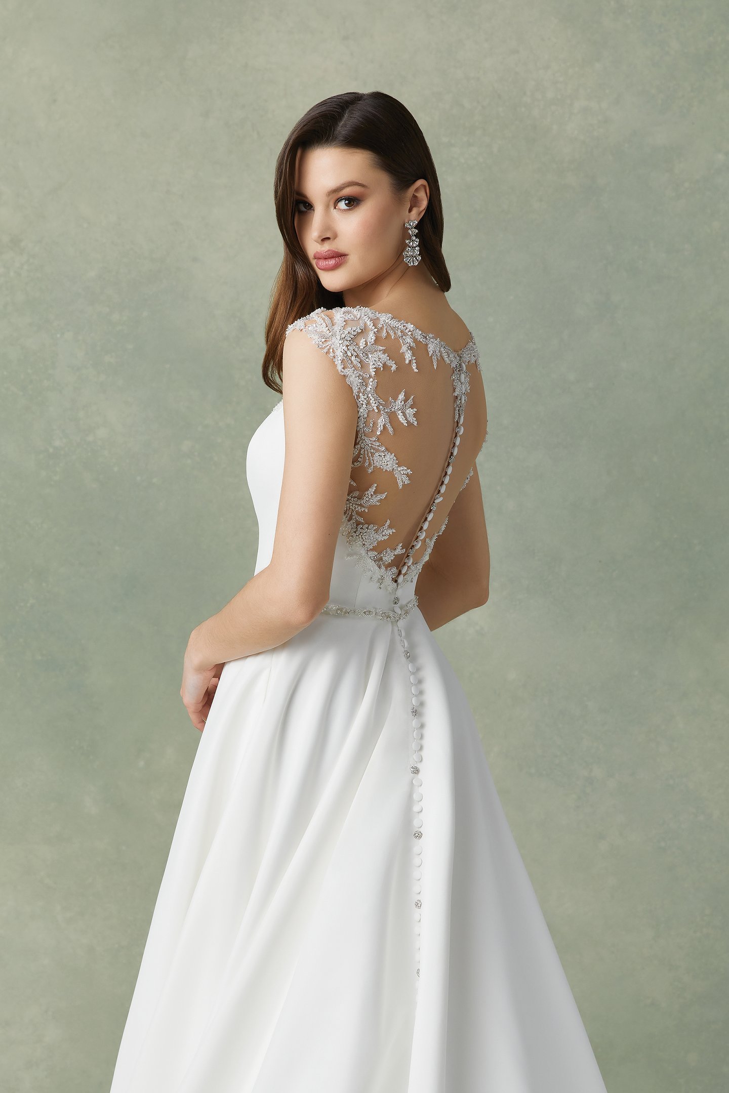 Justin Alexander Style 88301 Francesca Satin A-Line Dress with Beaded Cap Sleeves and Illusion Back